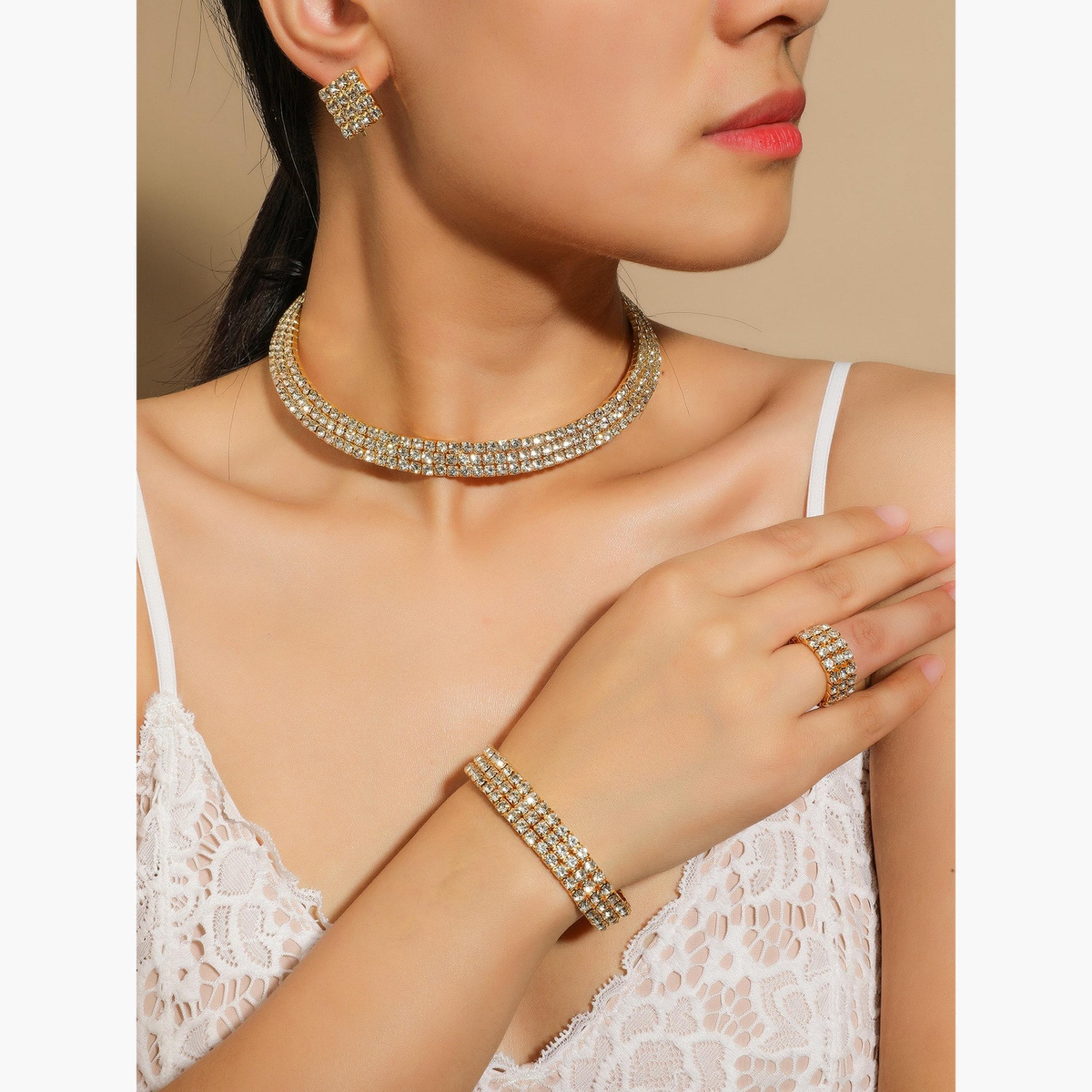 طقم من عقد وسوار وخاتم وأقراط مرصع بالراين-women-watchesandjewellery-jewellery-jewellerysets-image-2