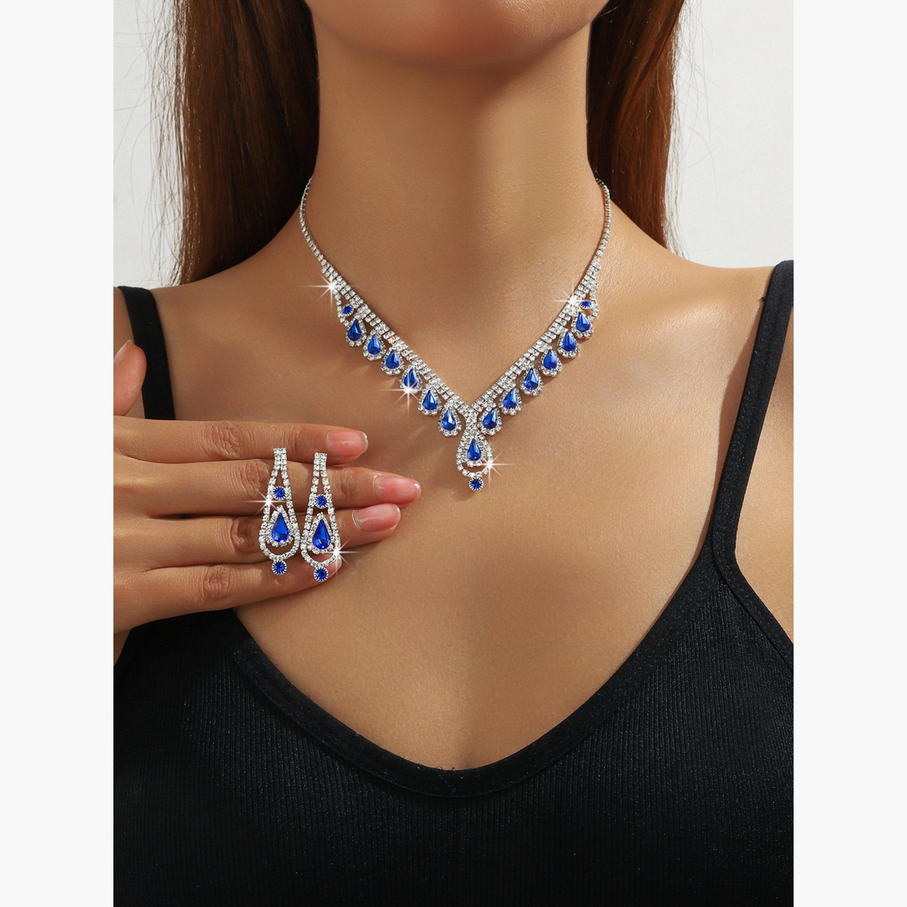 Take Two Women Blue Rhinestone Necklace with Earrings Set-women-watchesandjewellery-jewellery-jewellerysets-image-2