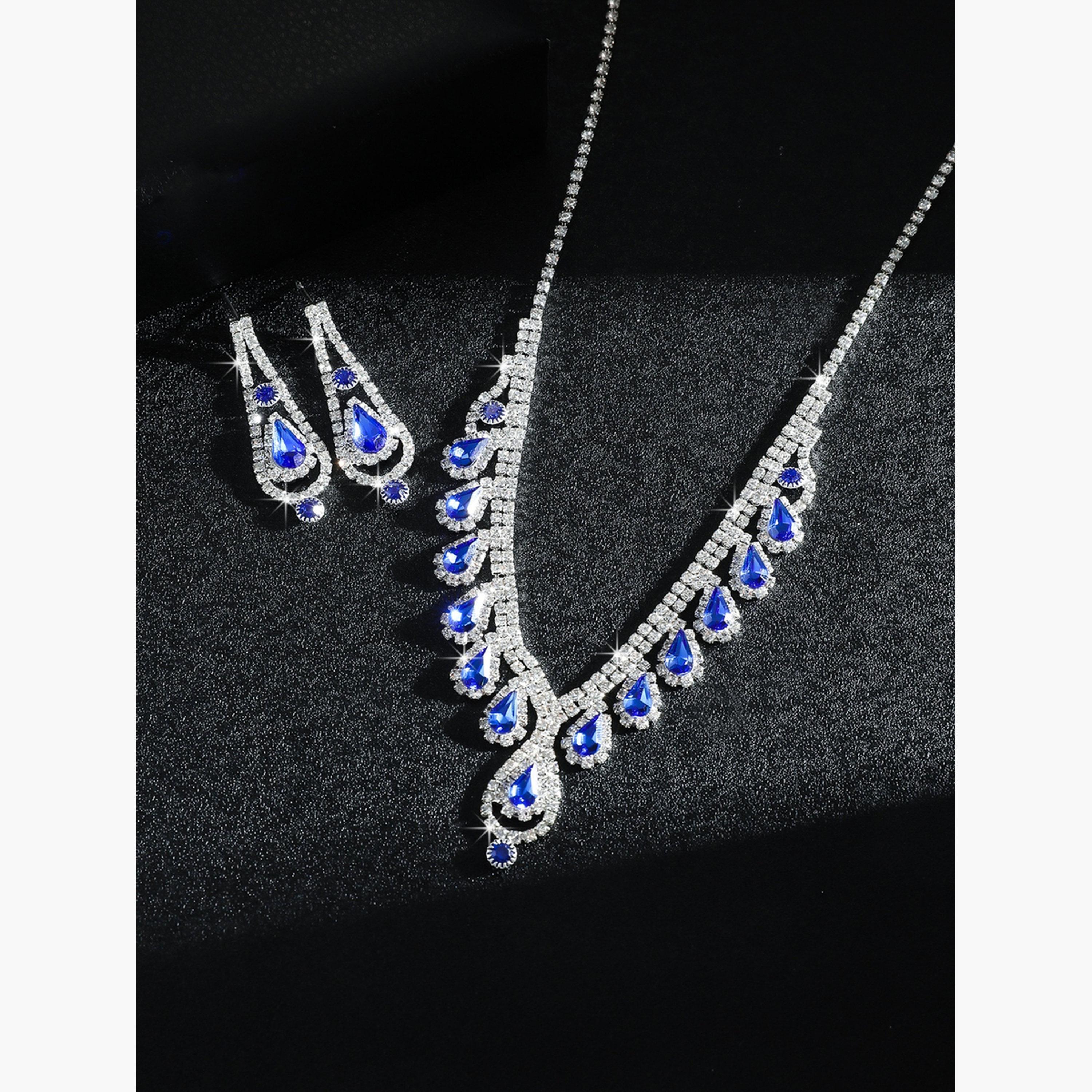 Take Two Women Blue Rhinestone Necklace with Earrings Set-women-watchesandjewellery-jewellery-jewellerysets-image-3