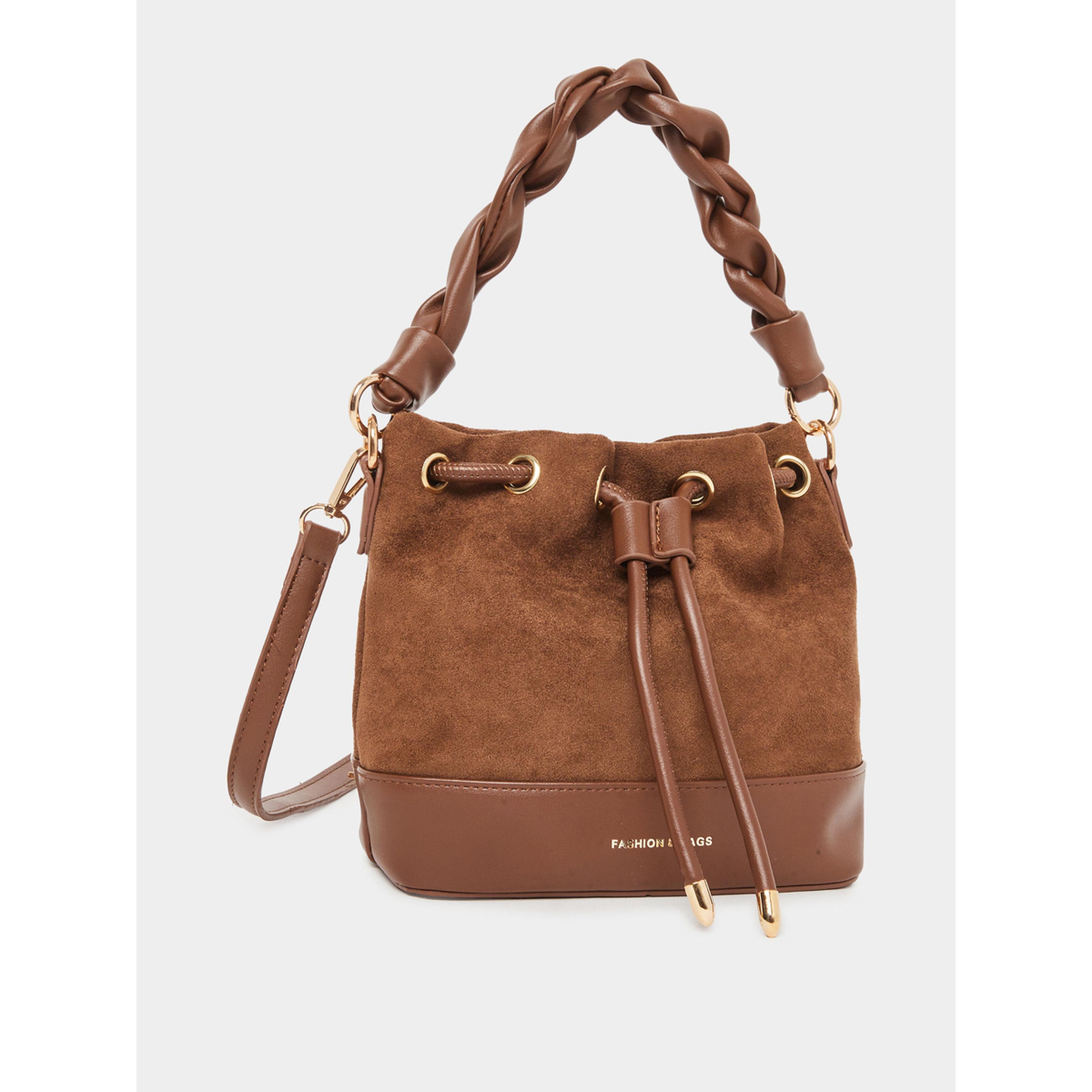 Styli Brown Suede Bucket Bag with Braided Handle-women-bagsandwallets-handbags-image-1