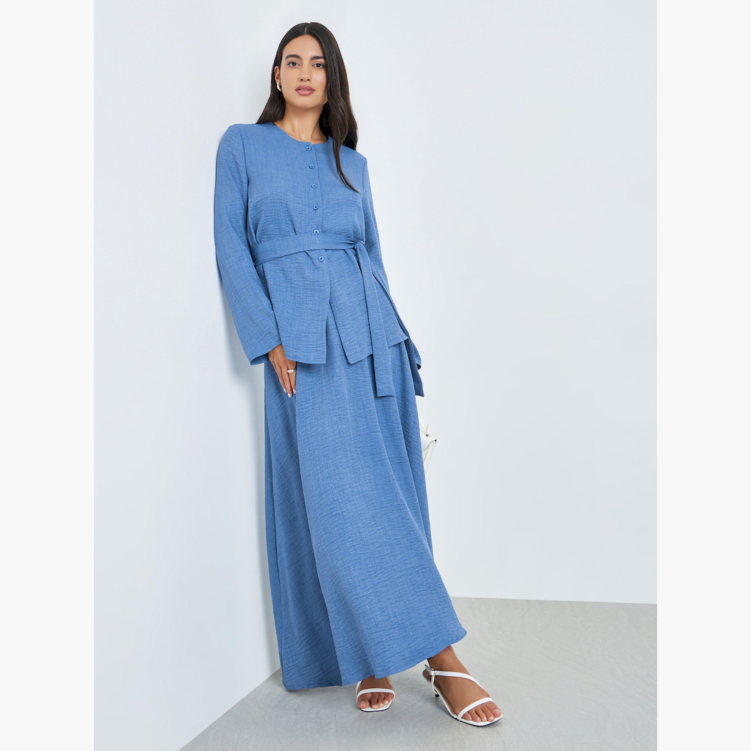 طقم منسق من تنورة وبلوزة بأكمام طويلة وأزرار-women-arabicclothing-sets-image-3