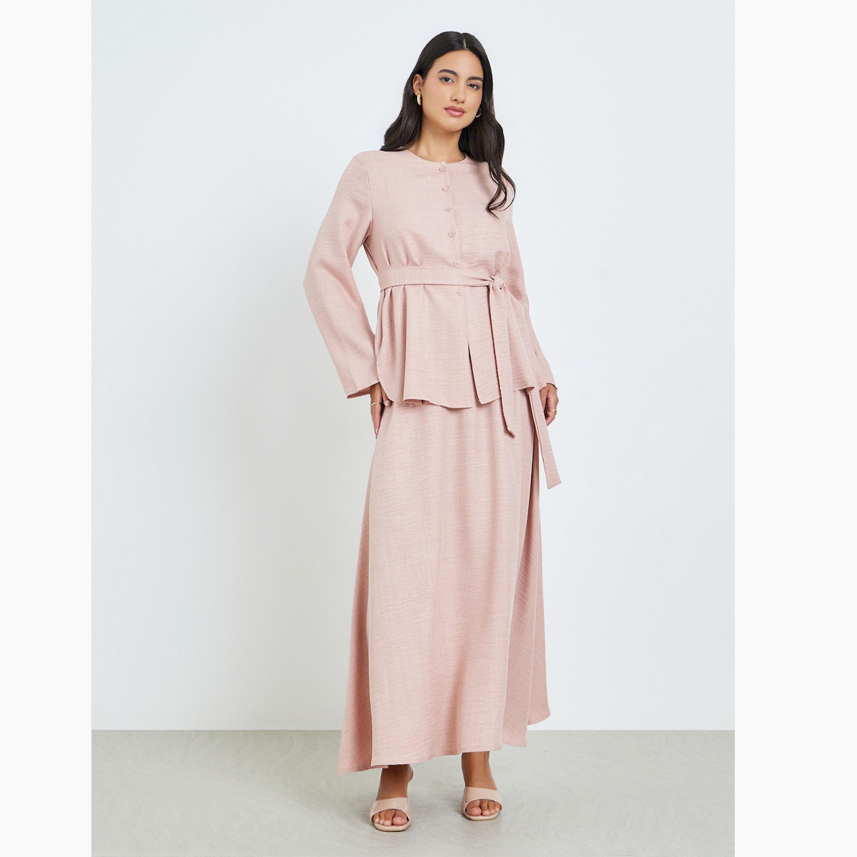 Styli Pink Buttoned Long Sleeve Top and Skirt Co-Ords-women-arabicclothing-sets-image-1