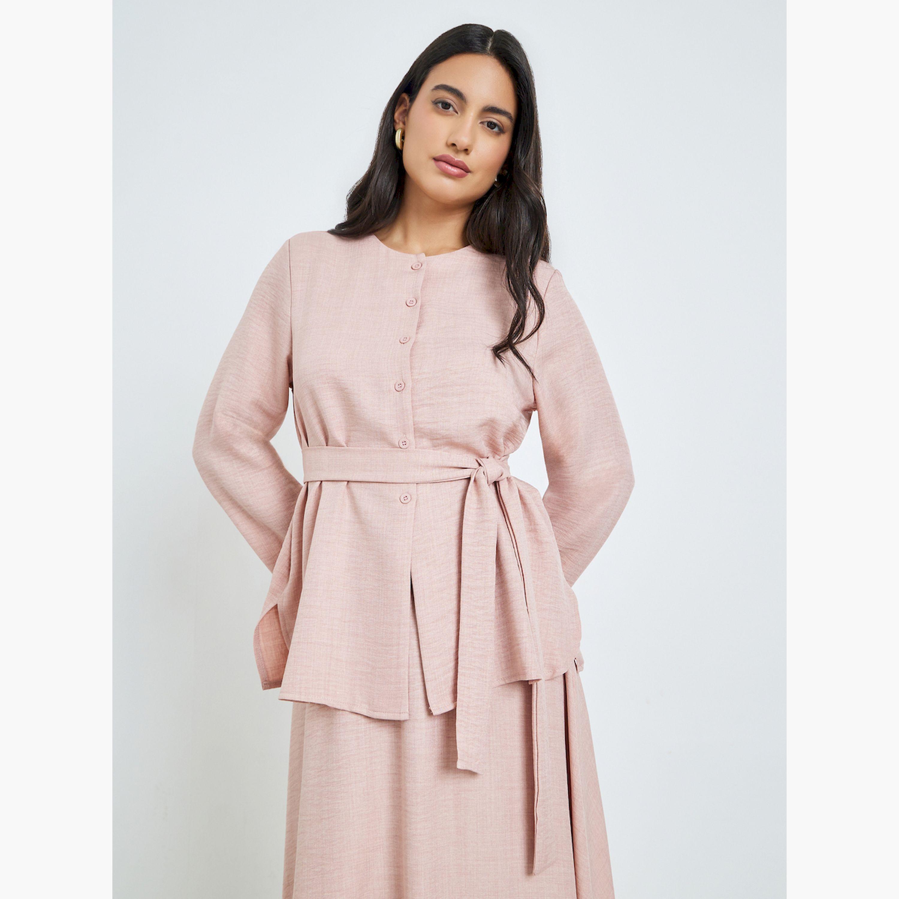 طقم منسق من تنورة وبلوزة بأكمام طويلة وأزرار-women-arabicclothing-sets-image-2