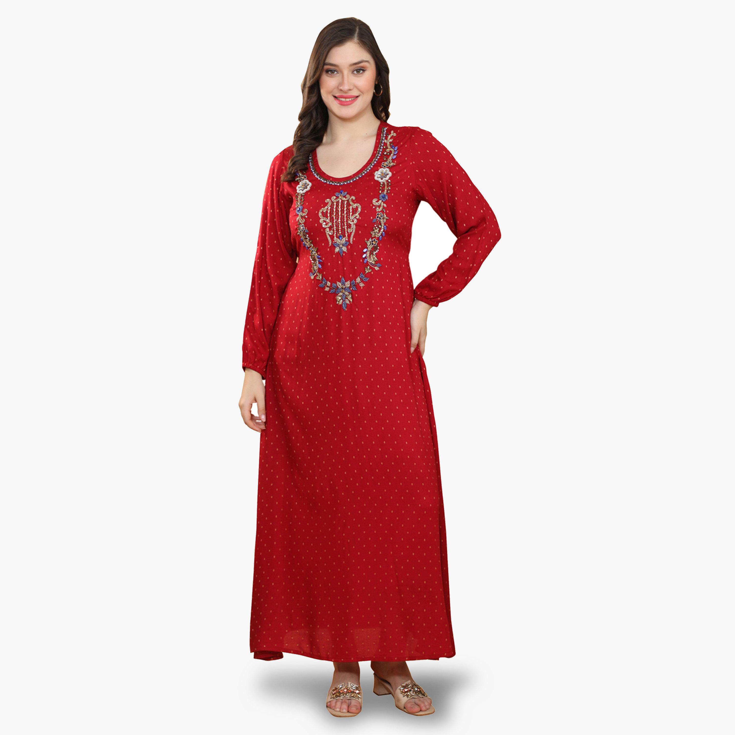 جلابية طويلة بتفاصيل بارزة الملمس ونقشة دوبي-women-clothing-dresses-image-1