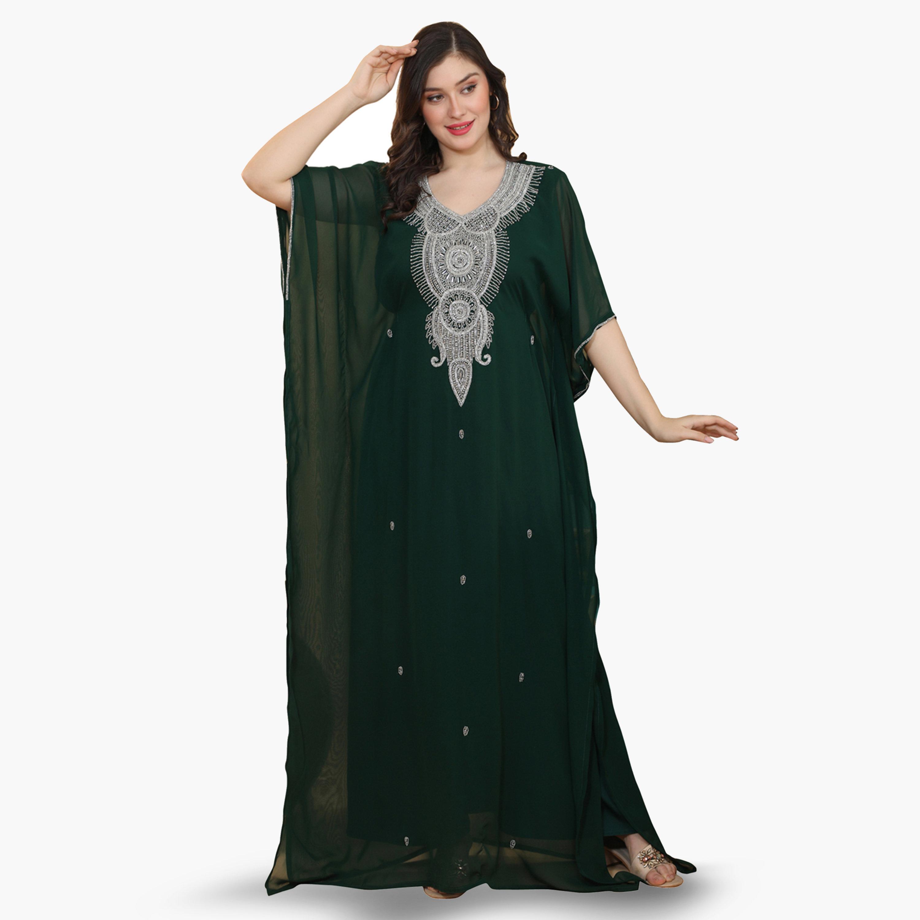 Maxim Creation Dark Green Premium Crystal Stone Embellished Kaftan-women-clothing-dresses-image-1