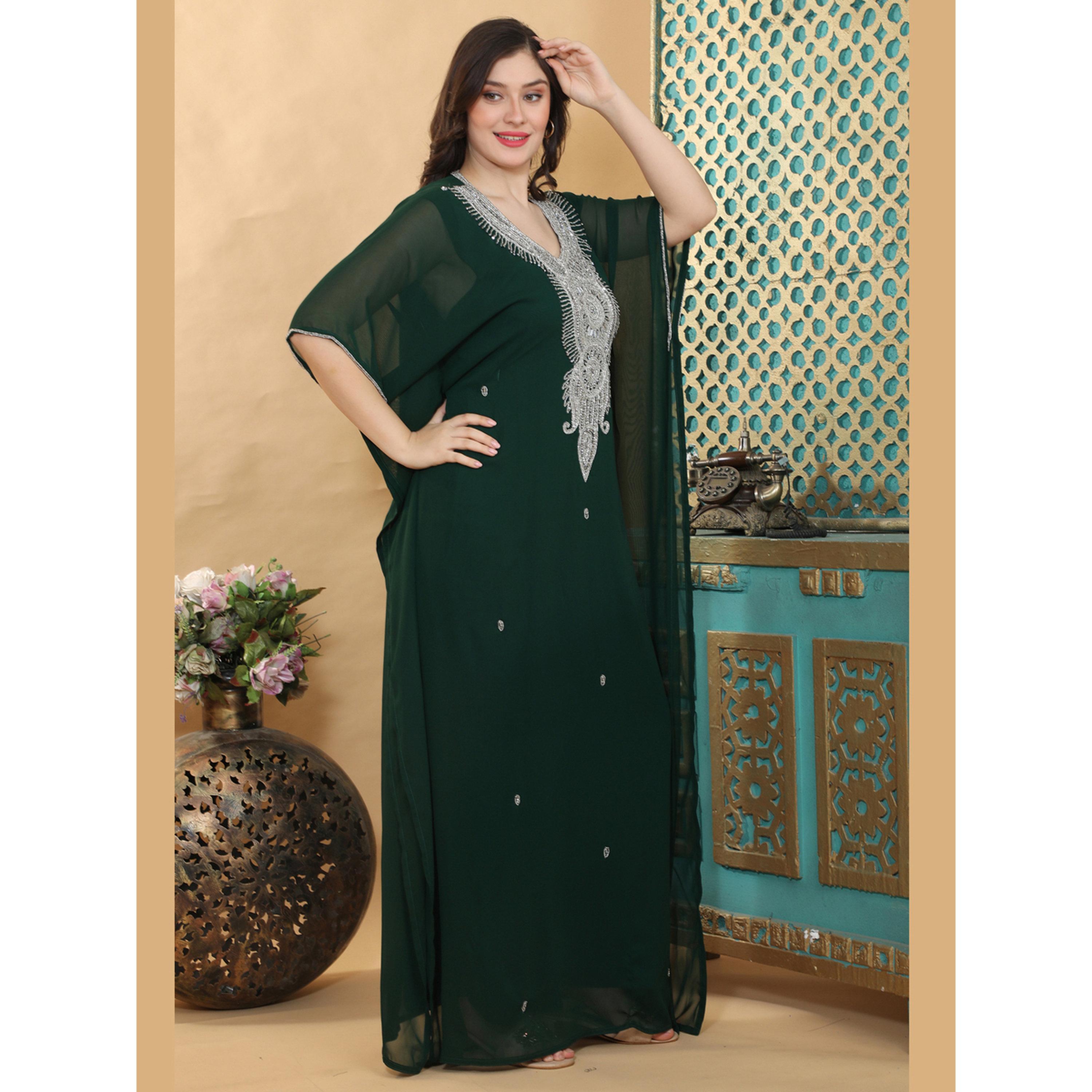 Maxim Creation Dark Green Premium Crystal Stone Embellished Kaftan-women-clothing-dresses-image-3