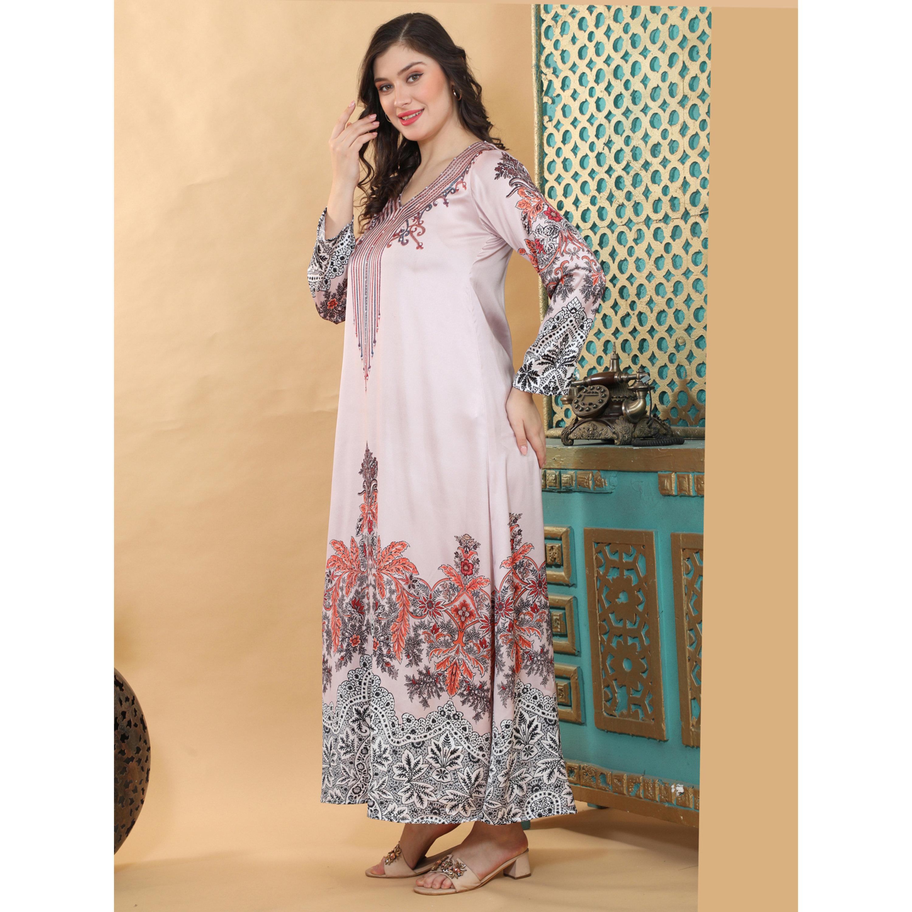 Maxim Creation Pink V Neck Printed Jalabiya with Pearl Detail-women-clothing-dresses-image-2