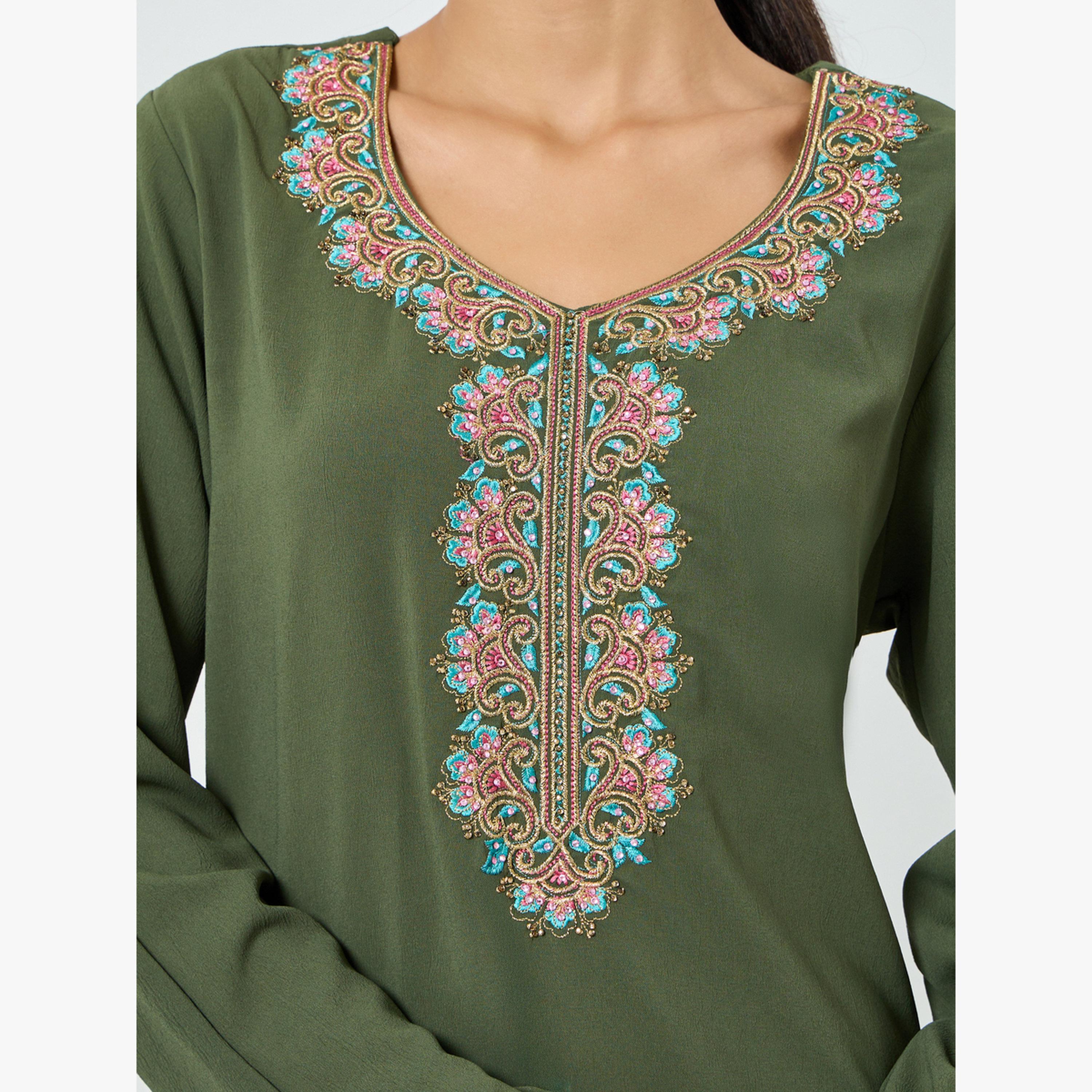 Maxim Creation Olive Embroidered V Neck Jalabiya-women-arabicclothing-jalabiyas-image-6