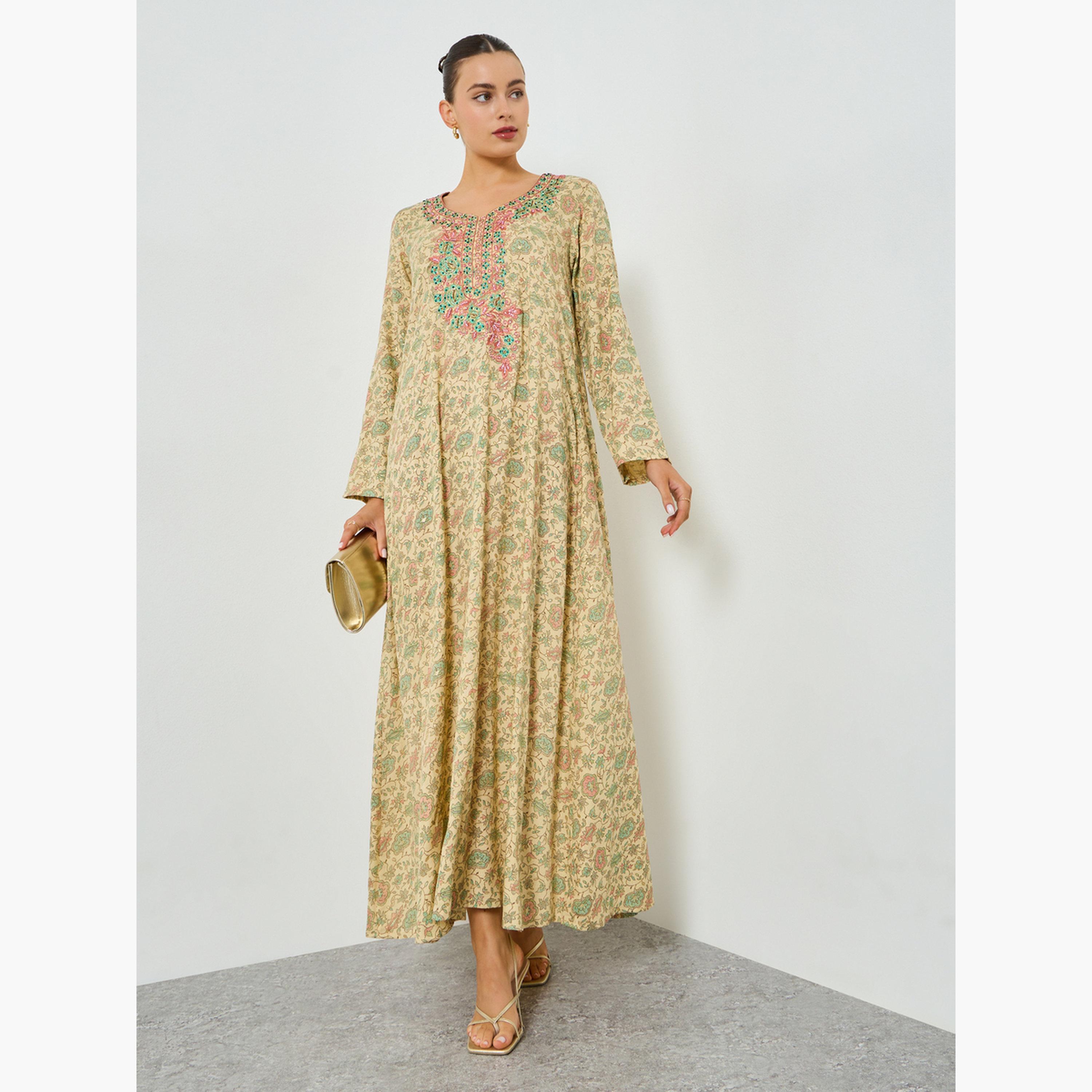 Maxim Creation All-Over Print Embroidered A-Line Jalabiya-women-arabicclothing-jalabiyas-image-1