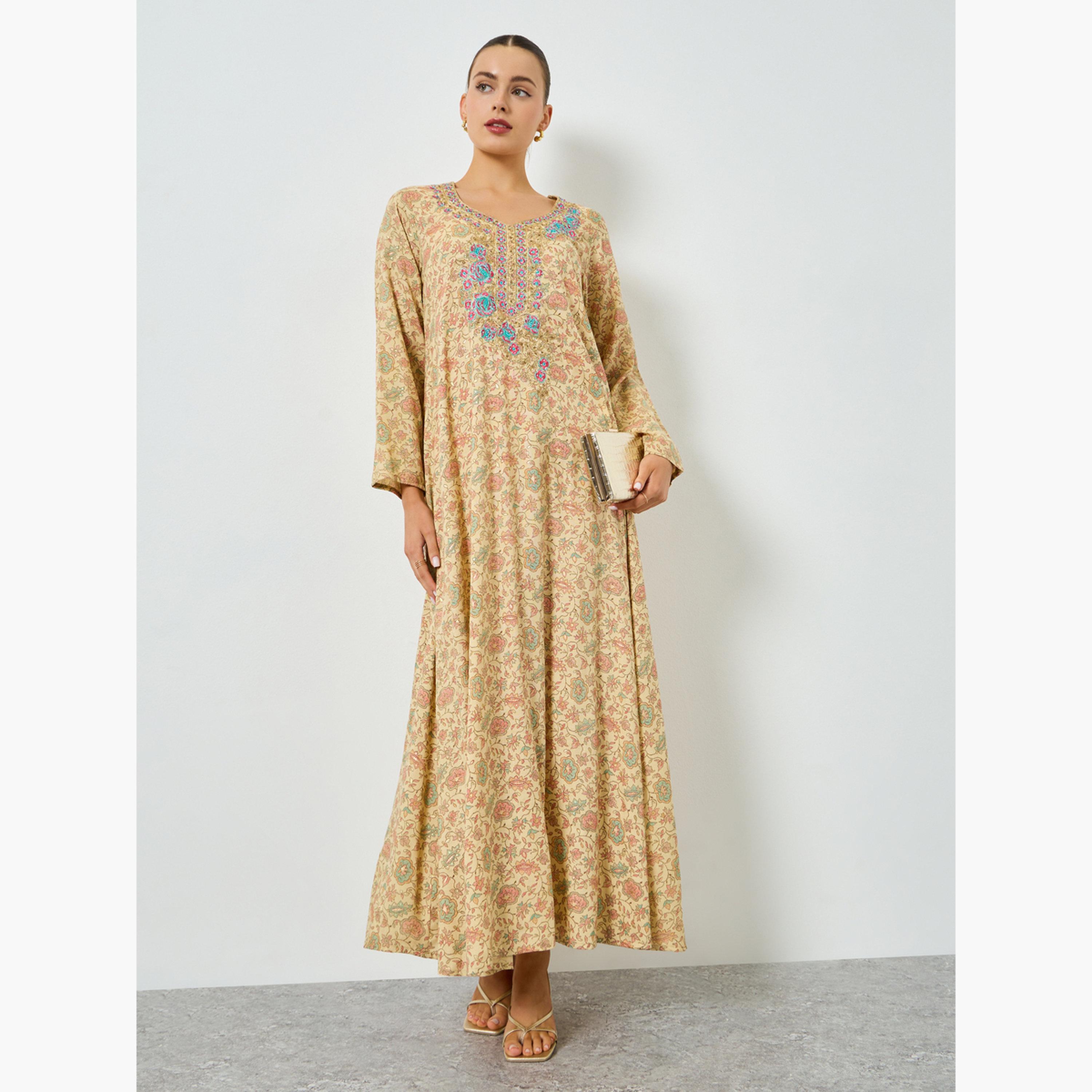 Maxim Creation All-Over Print Embroidered A-Line Jalabiya-women-arabicclothing-jalabiyas-image-1
