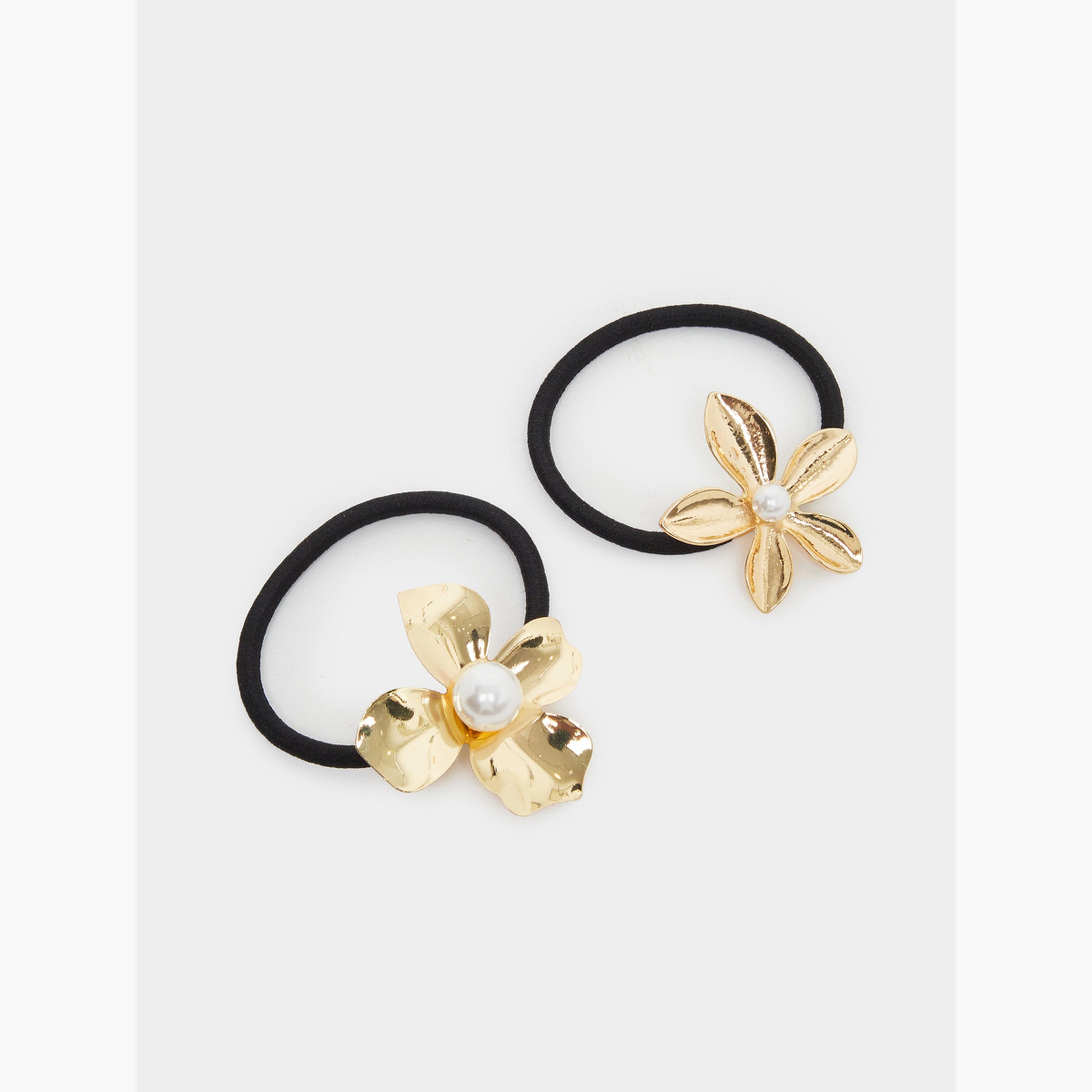 Styli Pack of 2 - Gold Flower Hair Ties-women-hairaccessories-sets-image-1