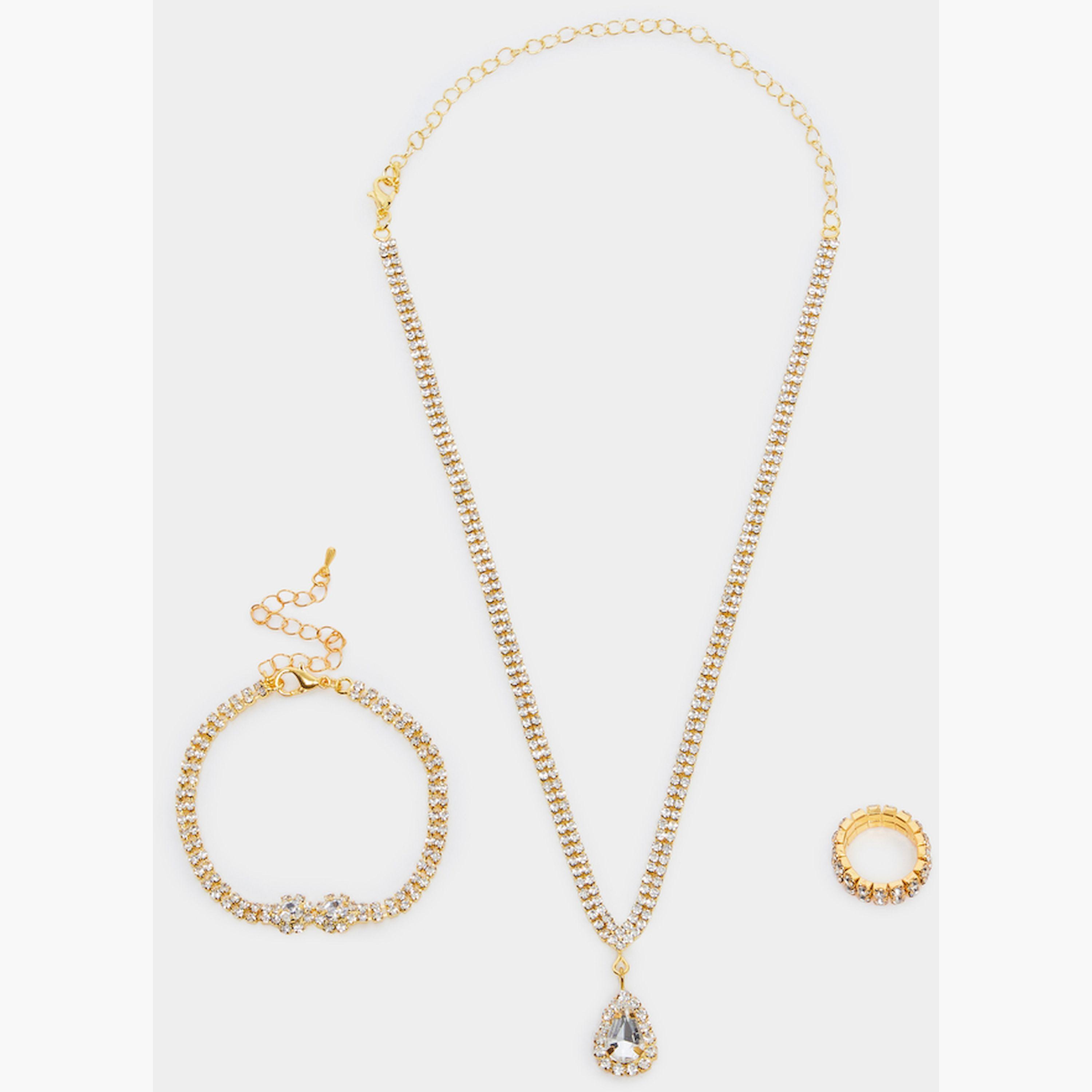 Styli Gold Rhinestone Necklace with Ring and Bracelet Set-women-watchesandjewellery-jewellery-jewellerysets-image-1