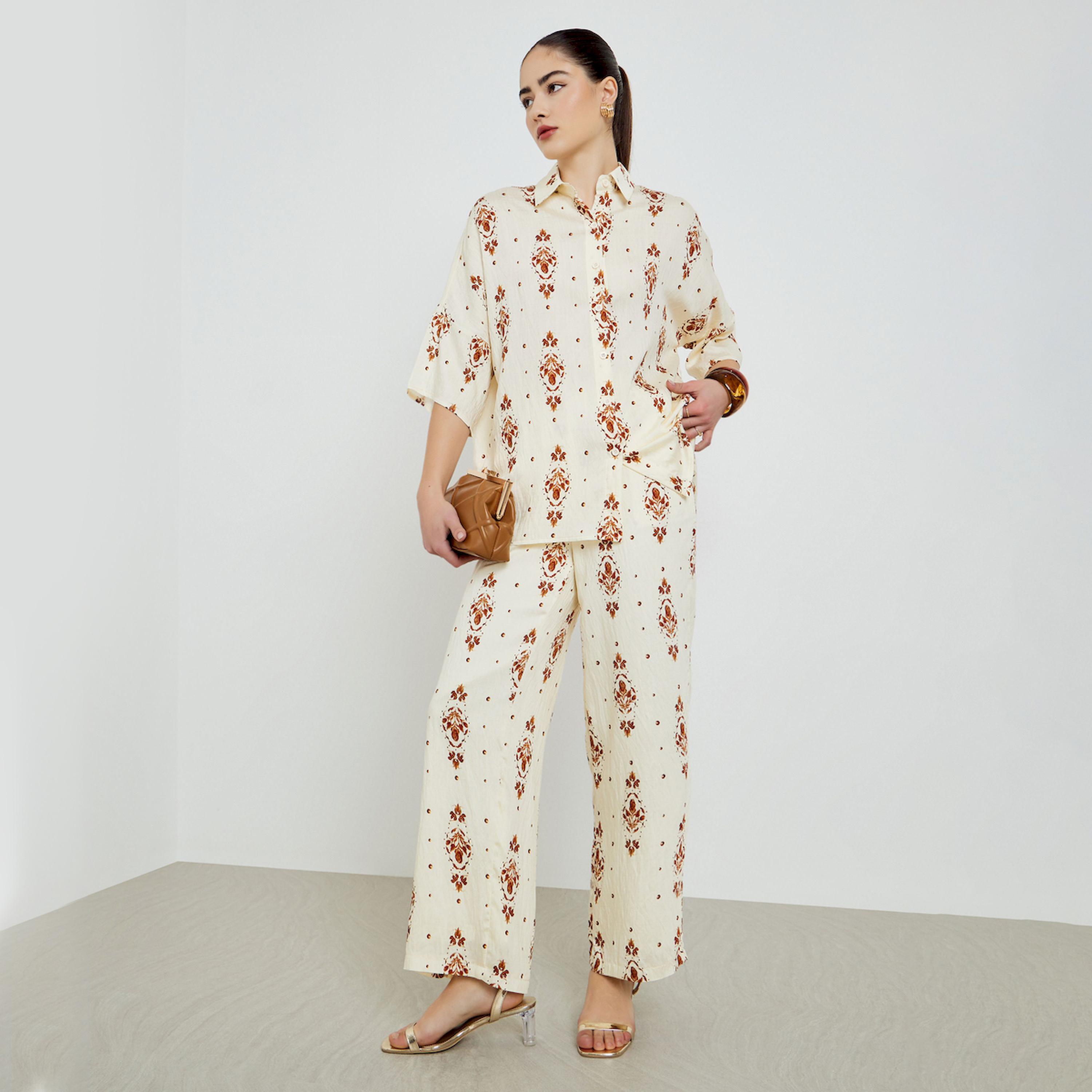 Styli Off-White Printed Shirt and Pants Co-Ords-women-clothing-coordsets-image-1