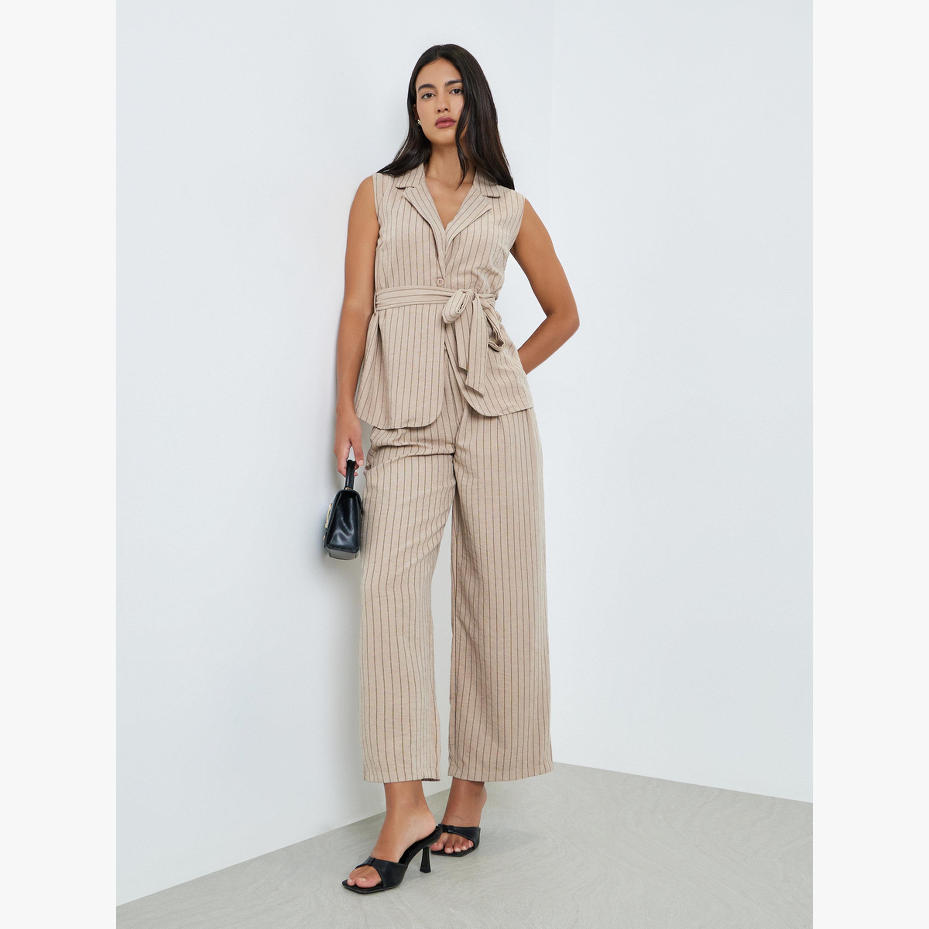 Styli Beige Striped Blazer and Wide Leg Pants Co-ords-women-clothing-coordsets-image-1