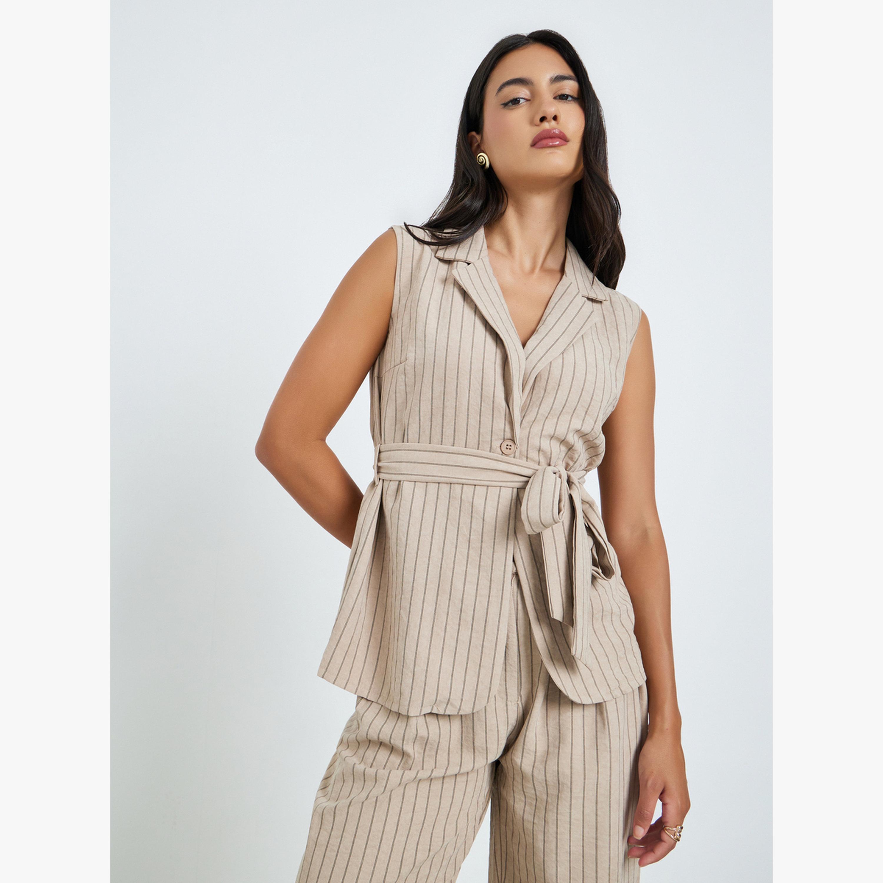 Styli Beige Striped Blazer and Wide Leg Pants Co-ords-women-clothing-coordsets-image-2
