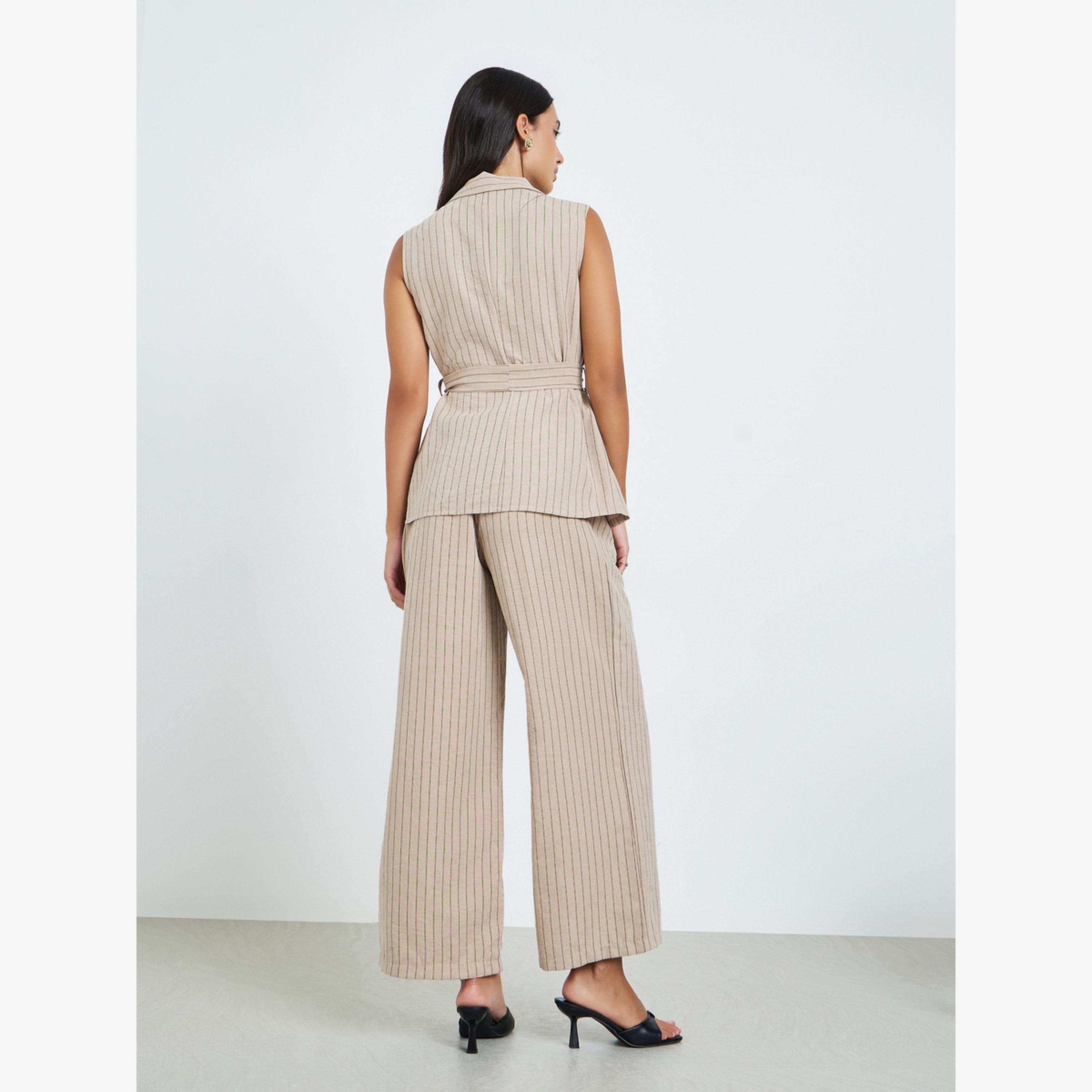 Styli Beige Striped Blazer and Wide Leg Pants Co-ords-women-clothing-coordsets-image-3