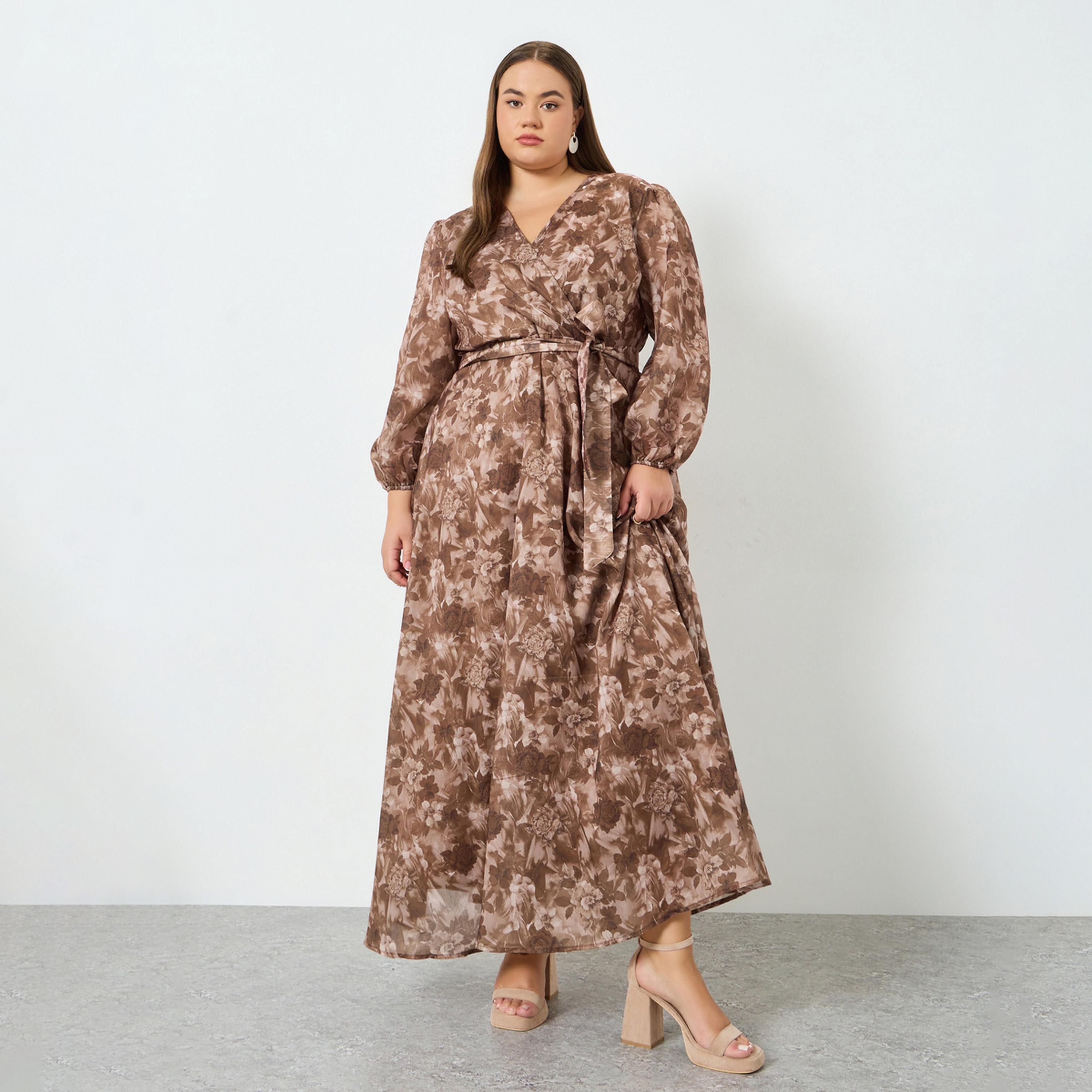 فستان طويل بطبعة زهور ومقاس كبير مع حزام-women-clothing-dresses-image-1