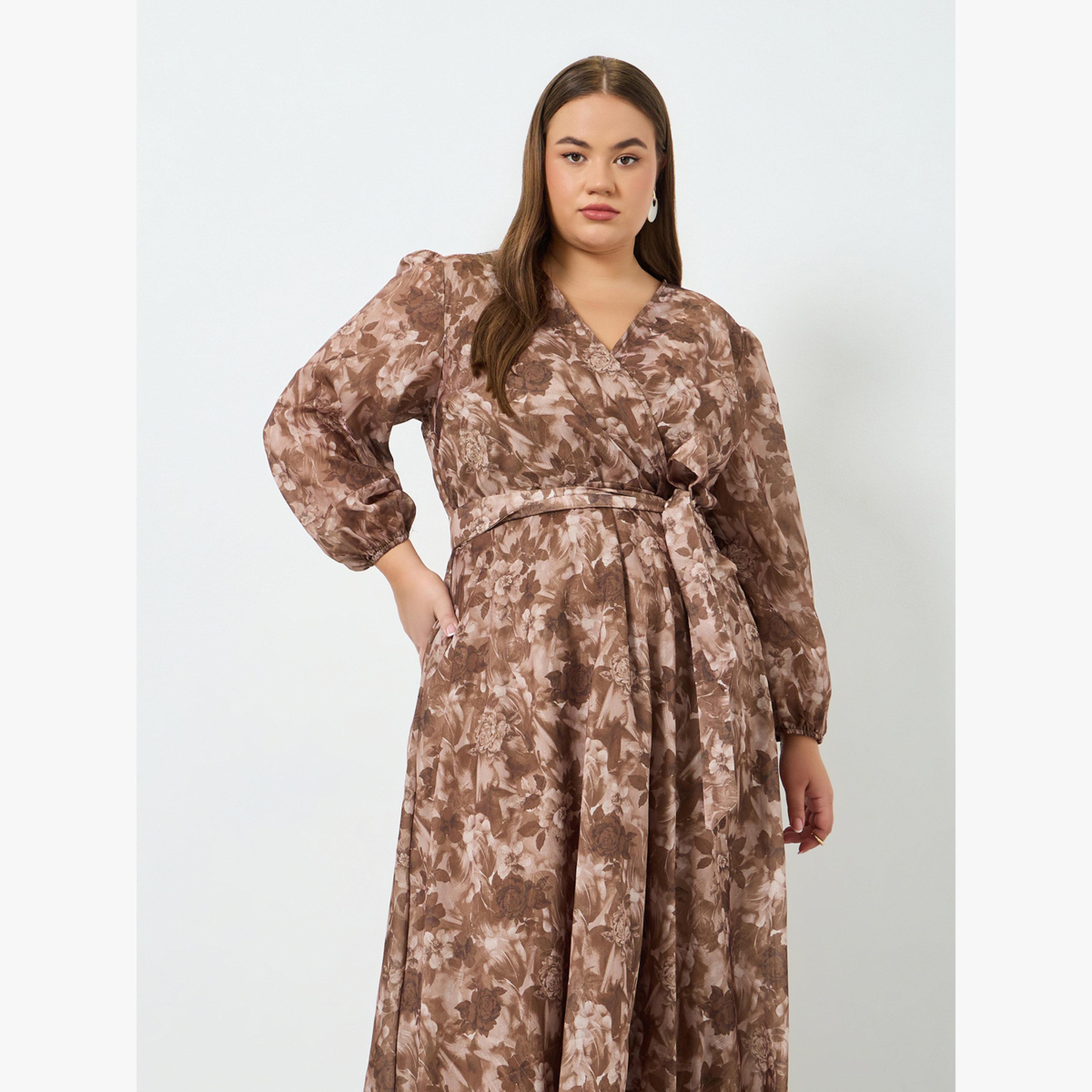 Styli Plus Size Floral Maxi Dress with Tie-Belt-women-clothing-dresses-image-2