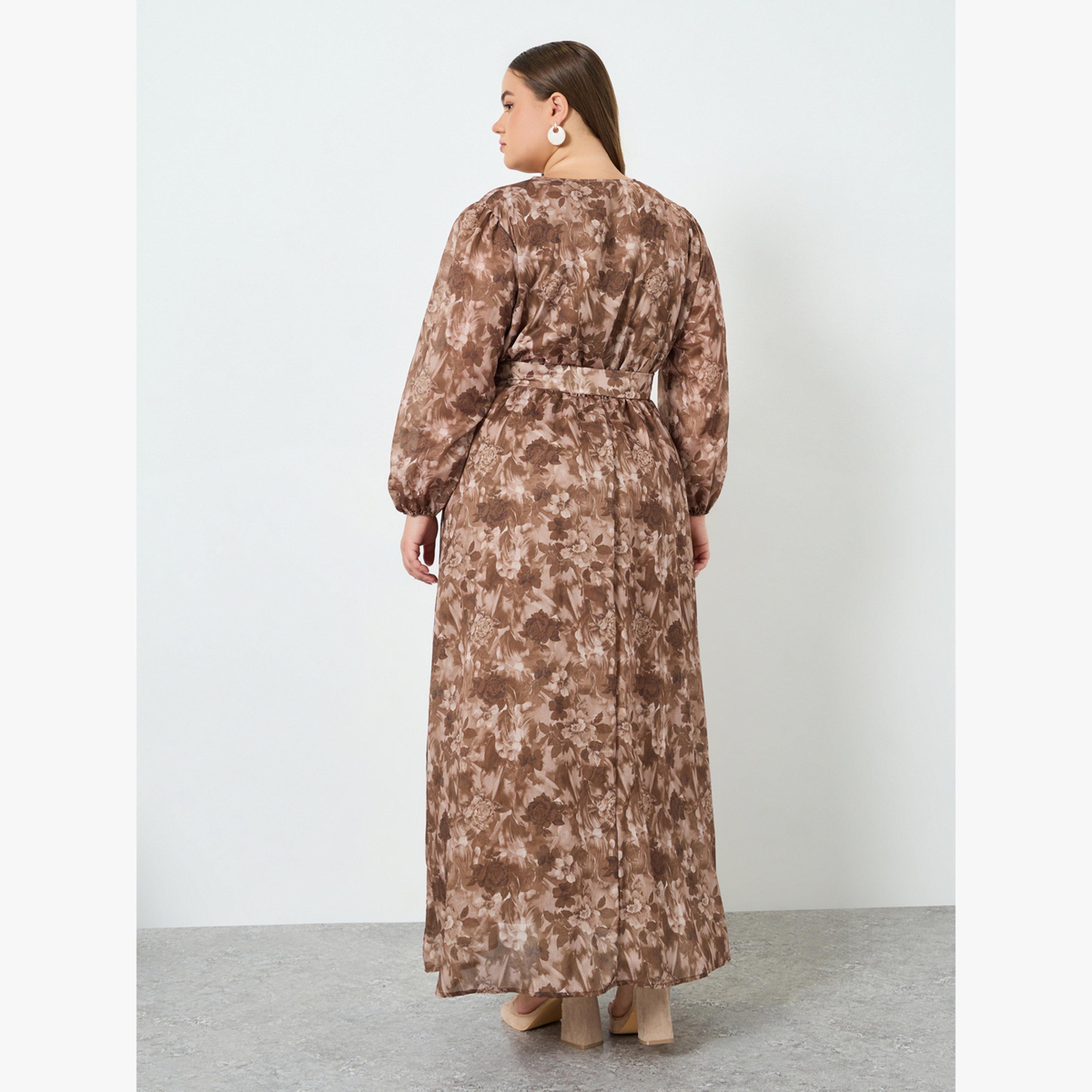 Styli Plus Size Floral Maxi Dress with Tie-Belt-women-clothing-dresses-image-4