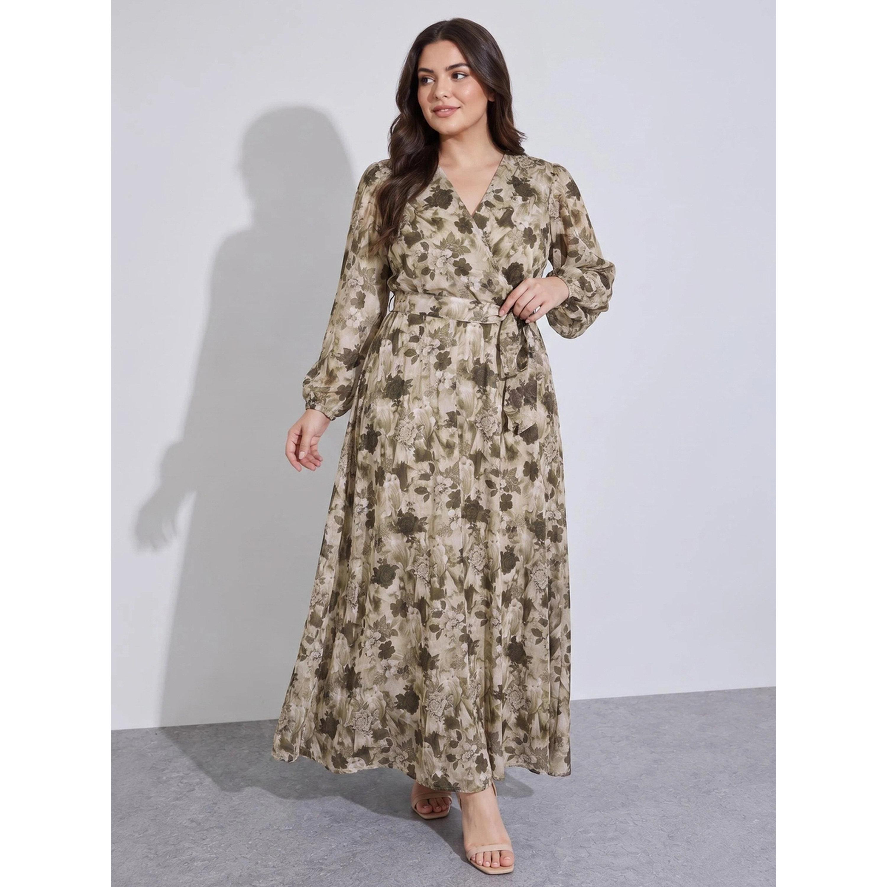 ستايلي - فستان ماكسي تصميم A متعدد الألوان نقشة زهور مقاس كبير رباط عند الخصر-women-clothing-dresses-image-1