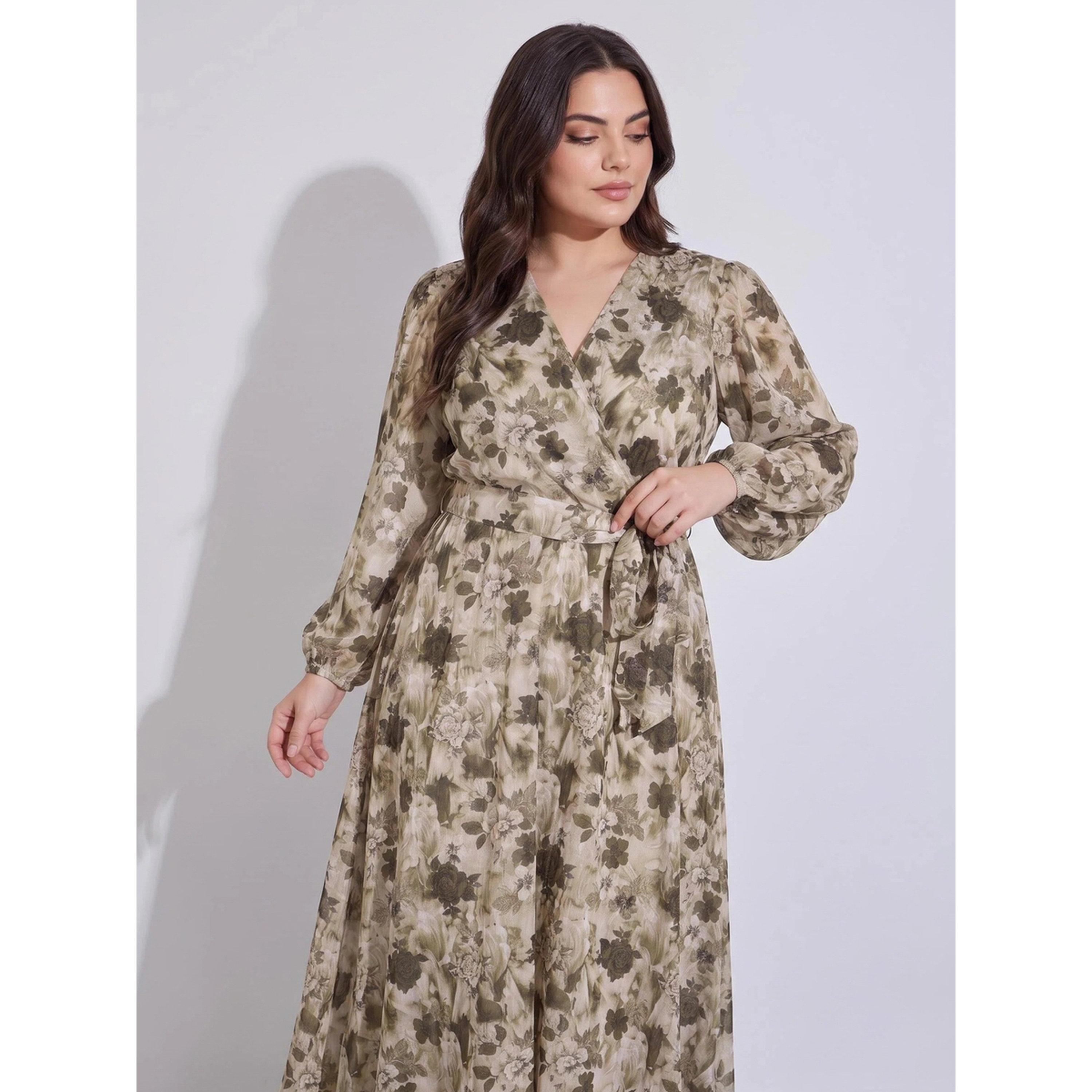 ستايلي - فستان ماكسي تصميم A متعدد الألوان نقشة زهور مقاس كبير رباط عند الخصر-women-clothing-dresses-image-2