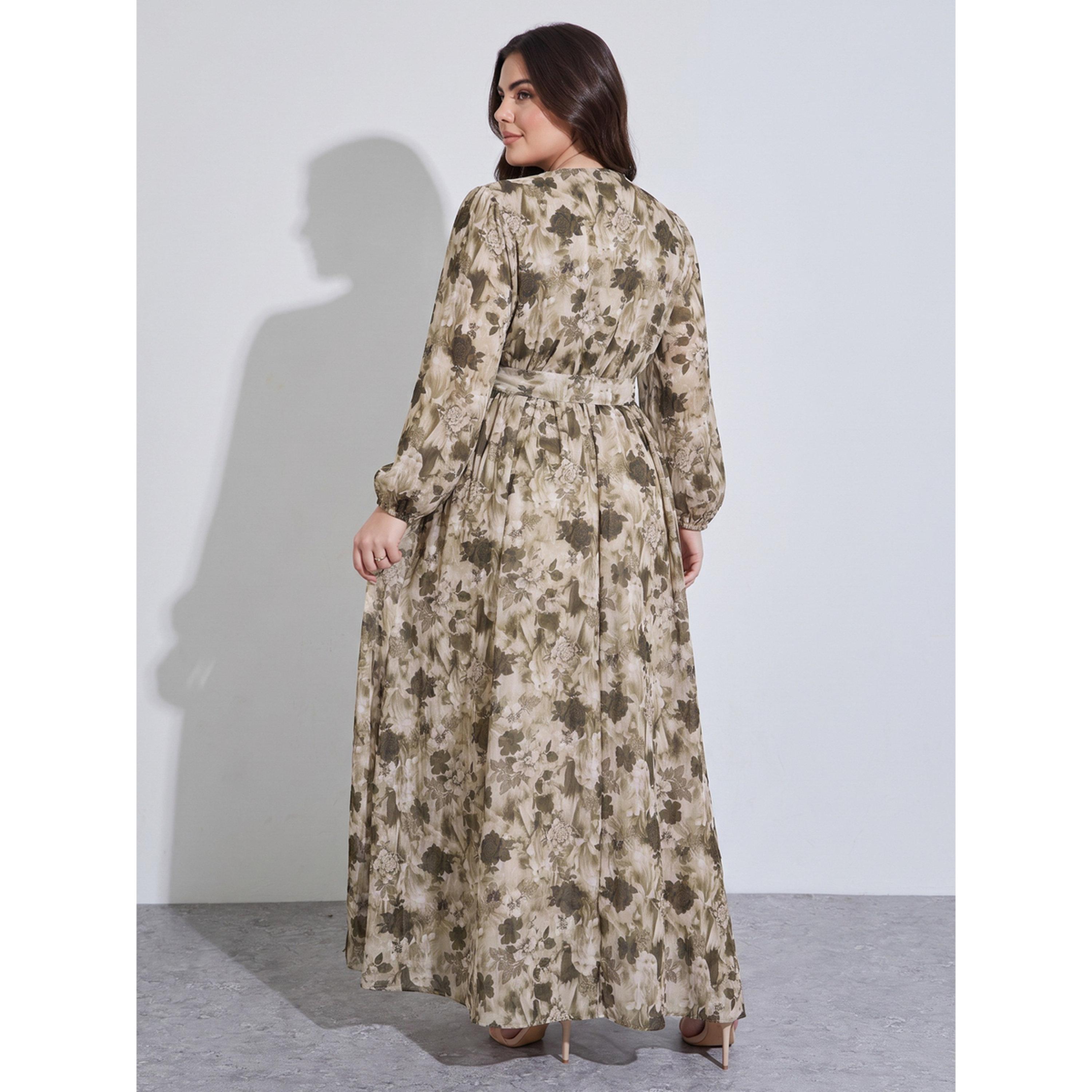 ستايلي - فستان ماكسي تصميم A متعدد الألوان نقشة زهور مقاس كبير رباط عند الخصر-women-clothing-dresses-image-3