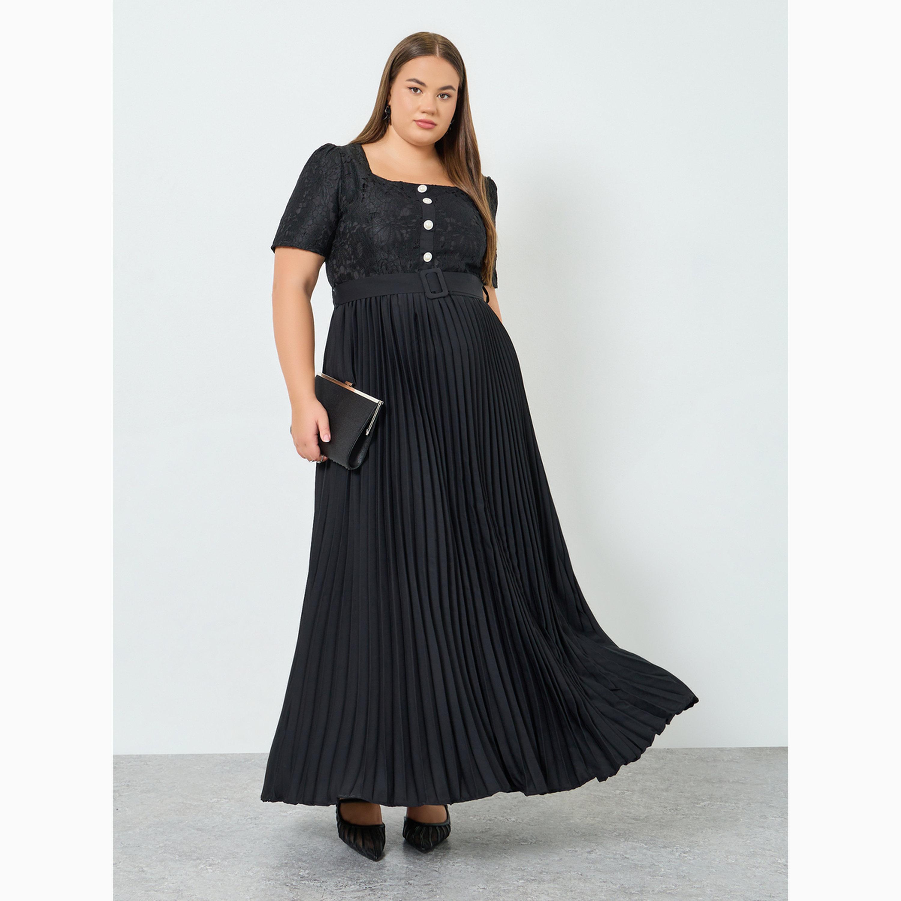 فستان طويل بحافة واسعة وكسرات وصدرية دانتيل مع حزام-women-clothing-dresses-image-1