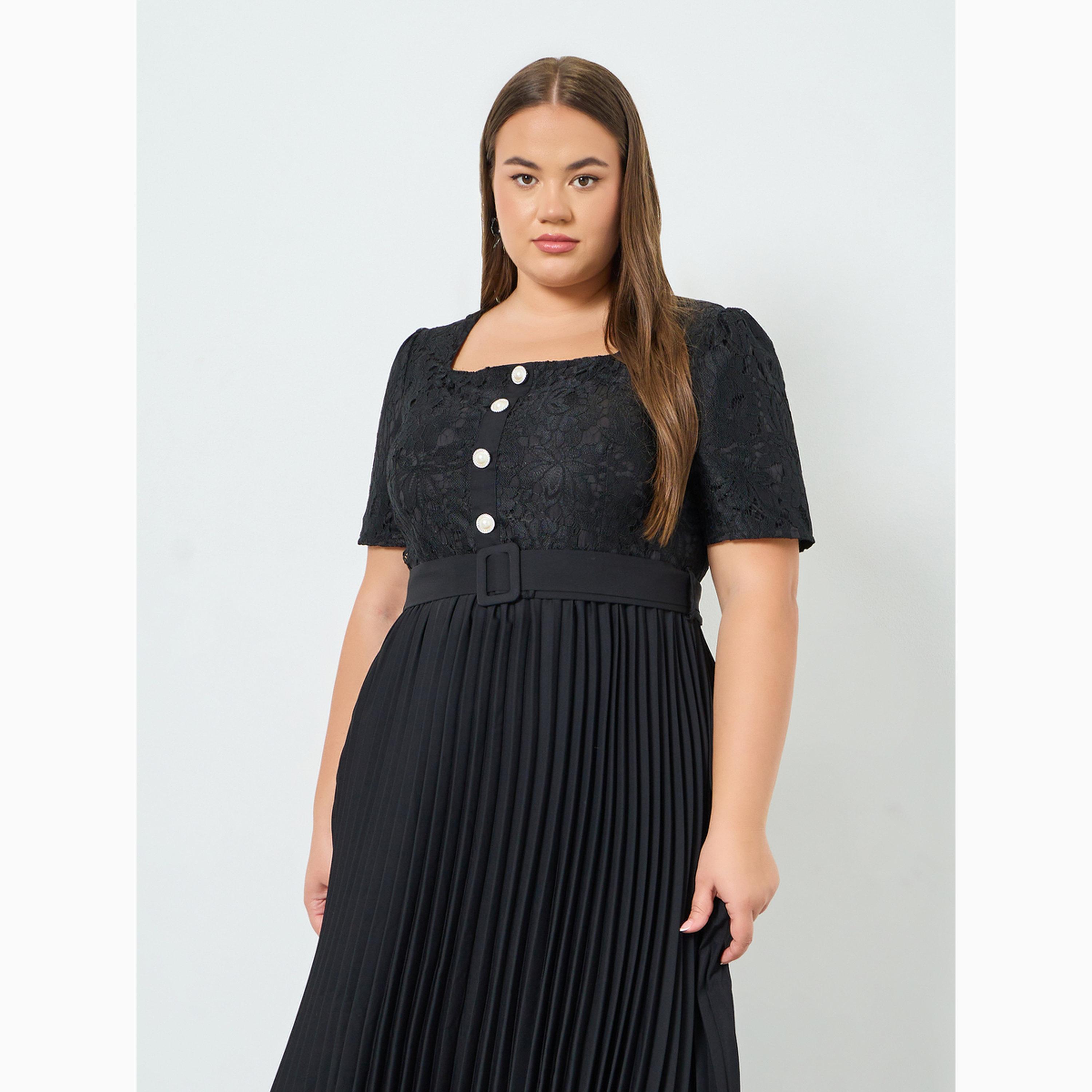 فستان طويل بحافة واسعة وكسرات وصدرية دانتيل مع حزام-women-clothing-dresses-image-2