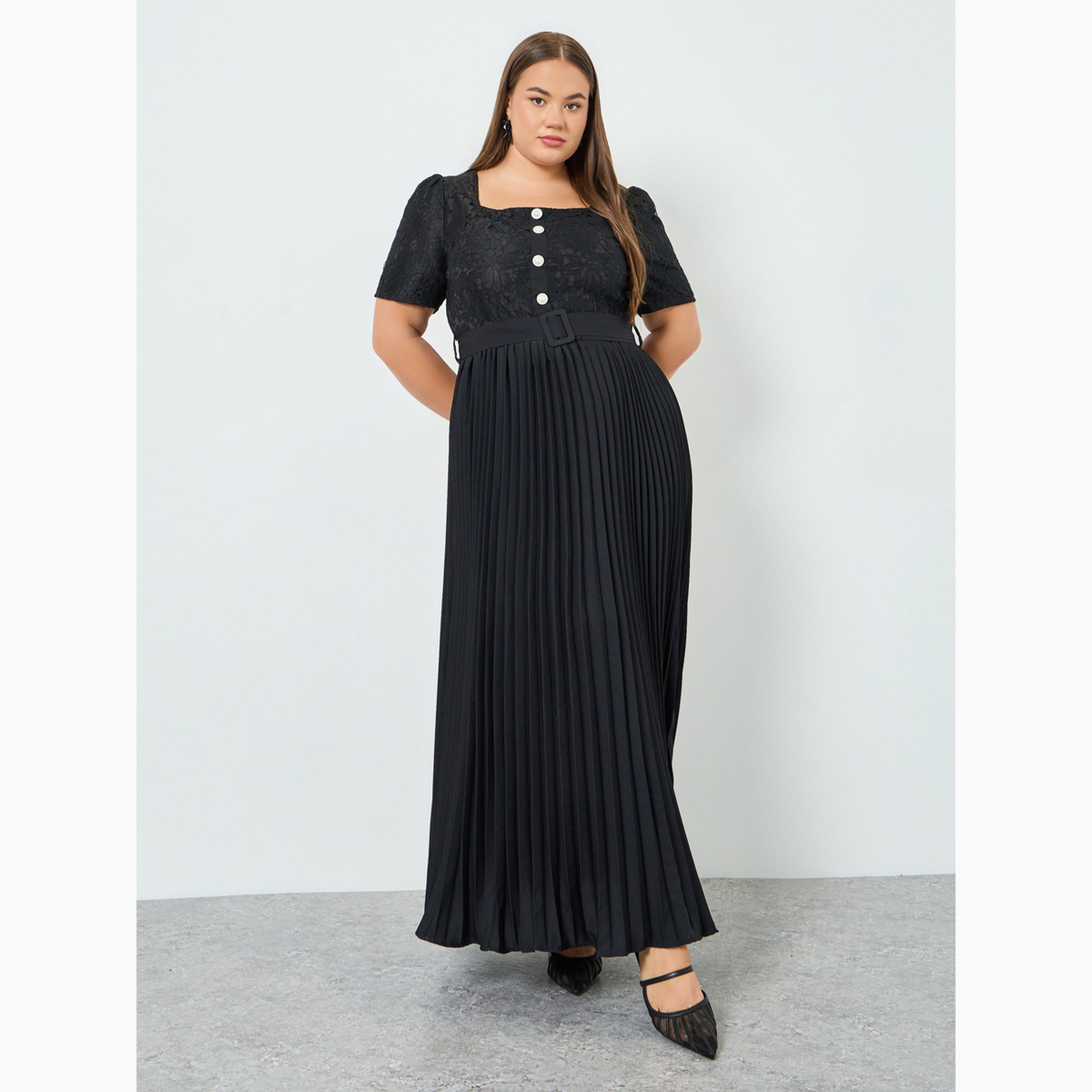 فستان طويل بحافة واسعة وكسرات وصدرية دانتيل مع حزام-women-clothing-dresses-image-3