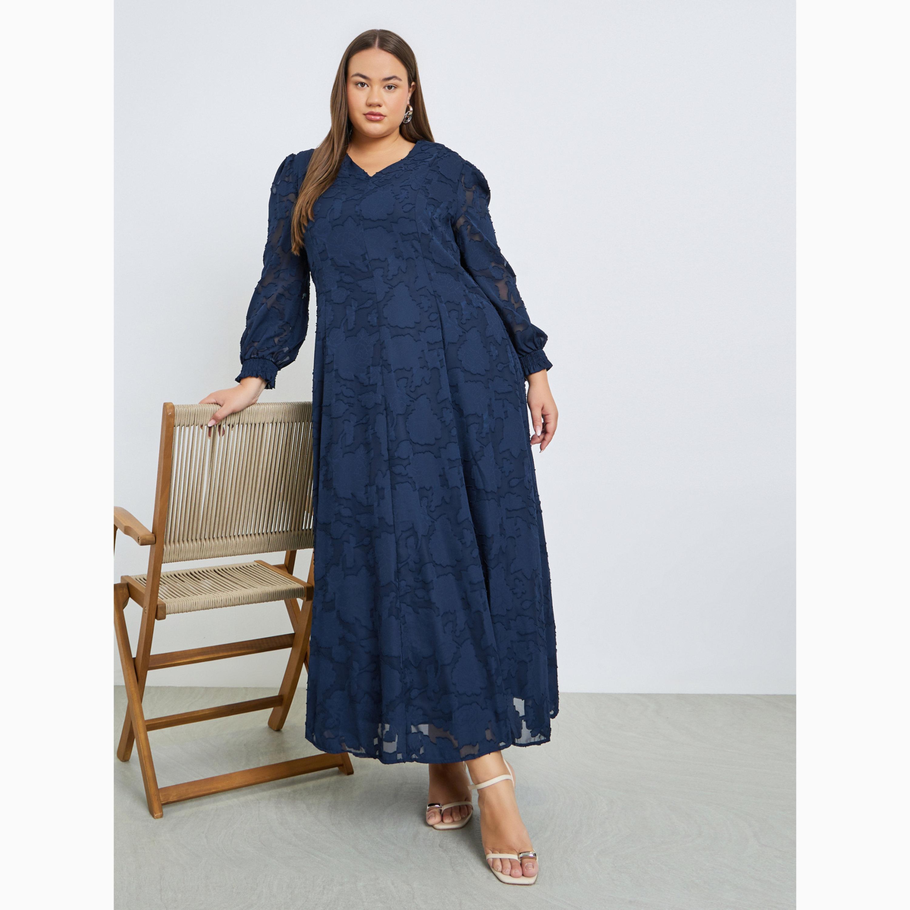 Styli Plus Size Jacquard V Neck Maxi Dress-women-clothing-dresses-image-1