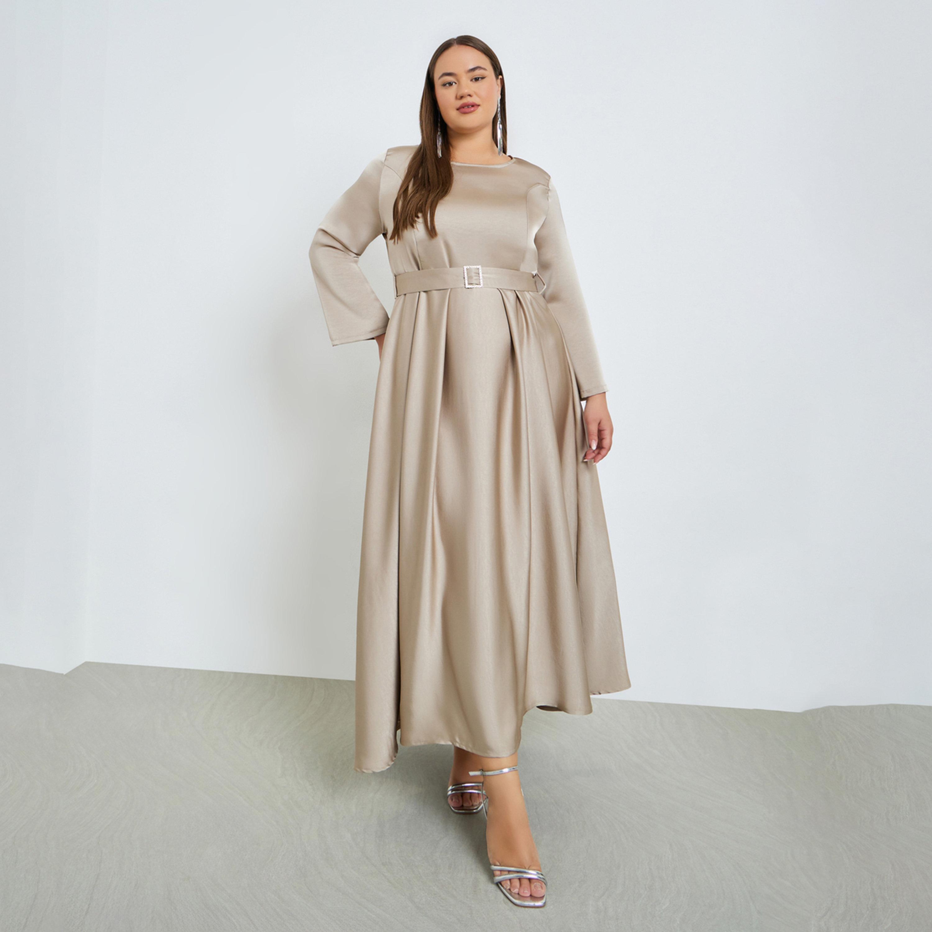 Styli Plus Size Satin A-Line Maxi Dress with Belt-women-clothing-dresses-image-1