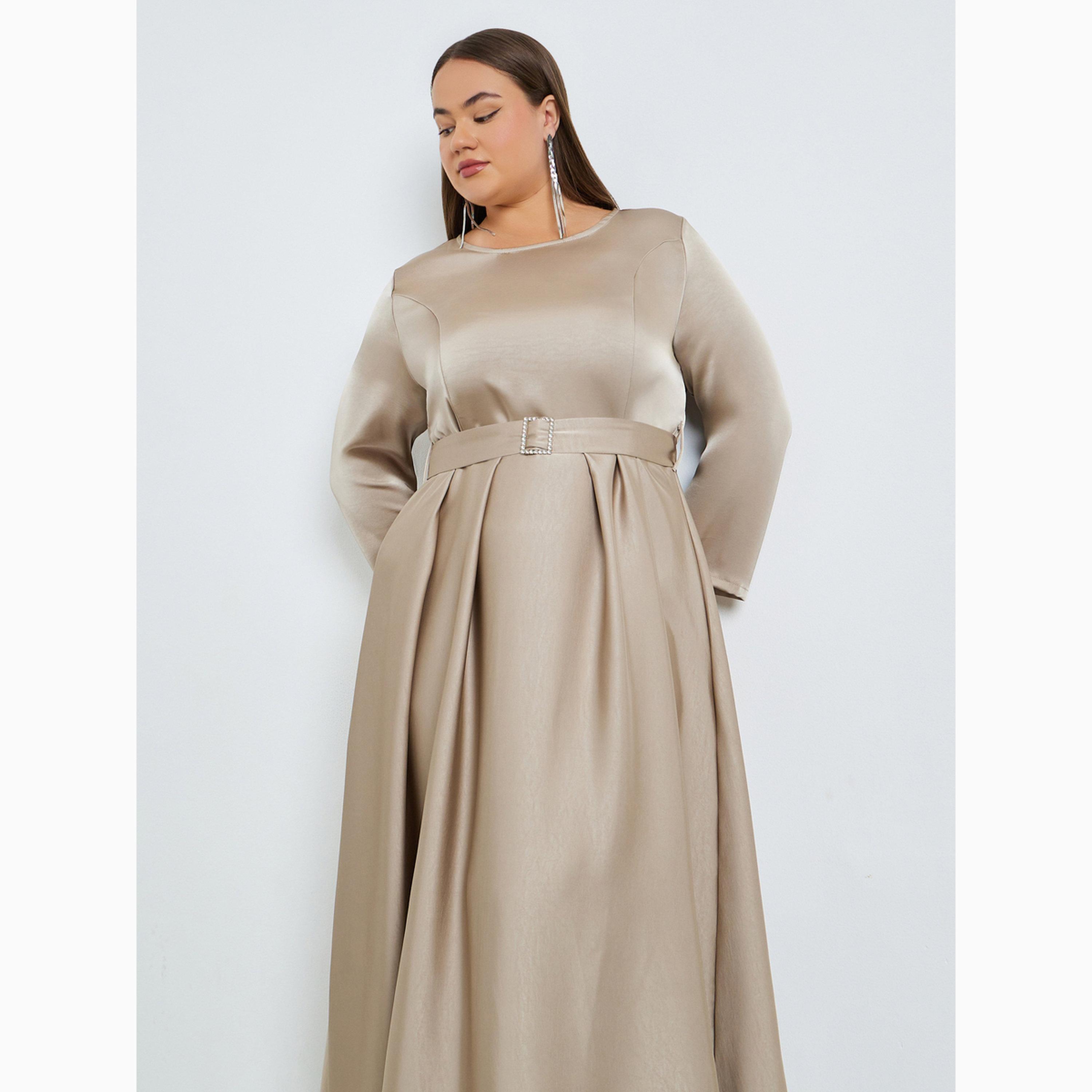 Styli Plus Size Satin A-Line Maxi Dress with Belt-women-clothing-dresses-image-2