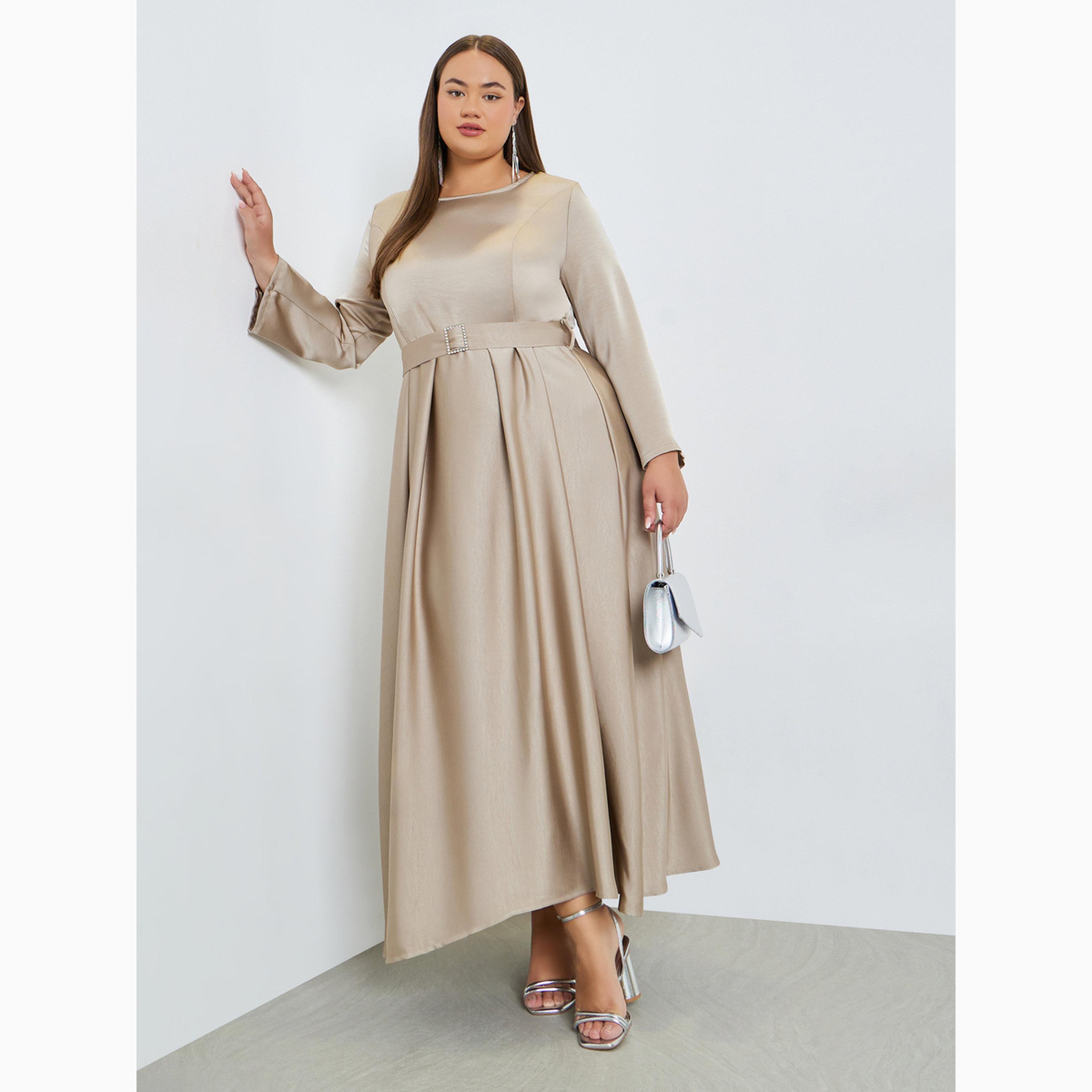Styli Plus Size Satin A-Line Maxi Dress with Belt-women-clothing-dresses-image-3