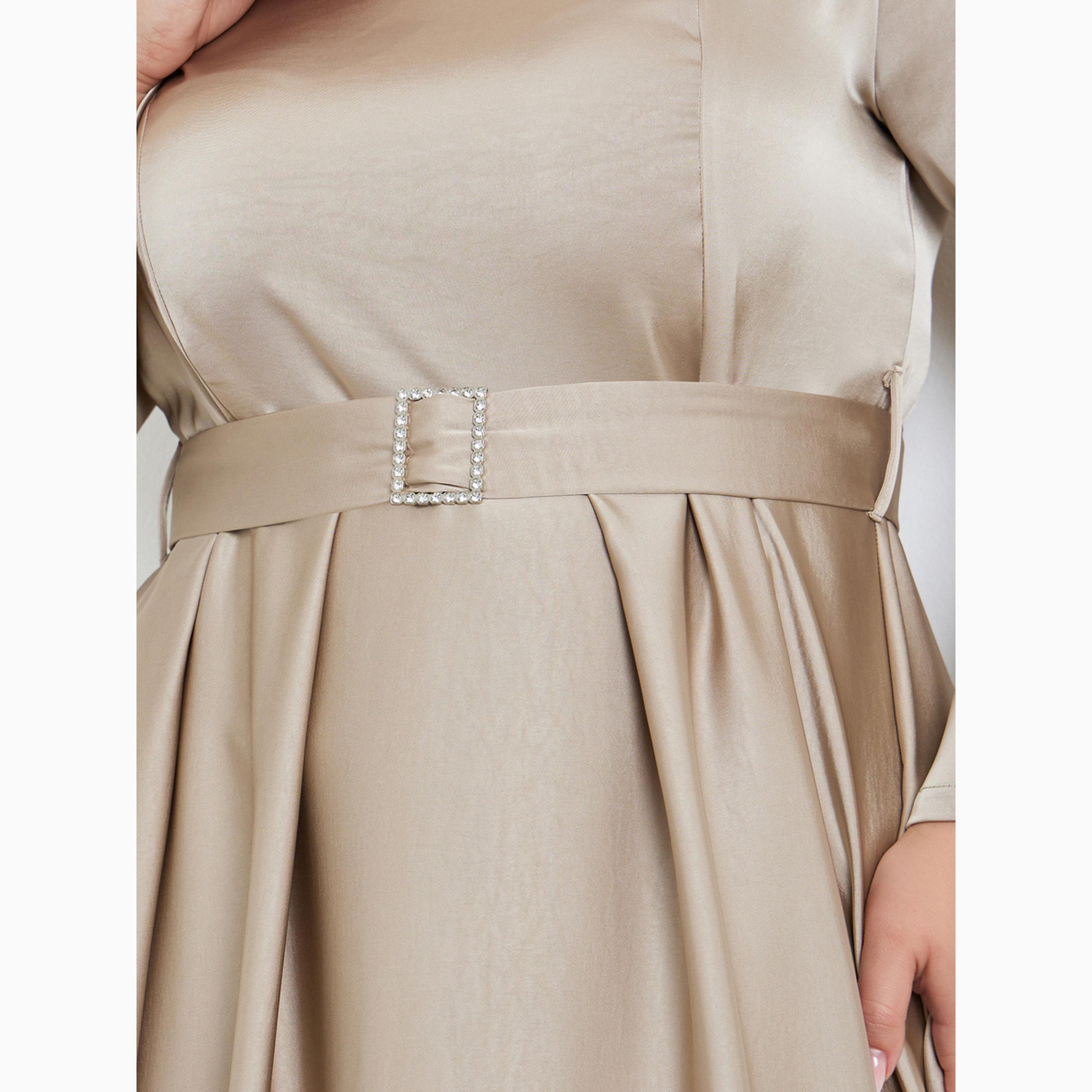 Styli Plus Size Satin A-Line Maxi Dress with Belt-women-clothing-dresses-image-4