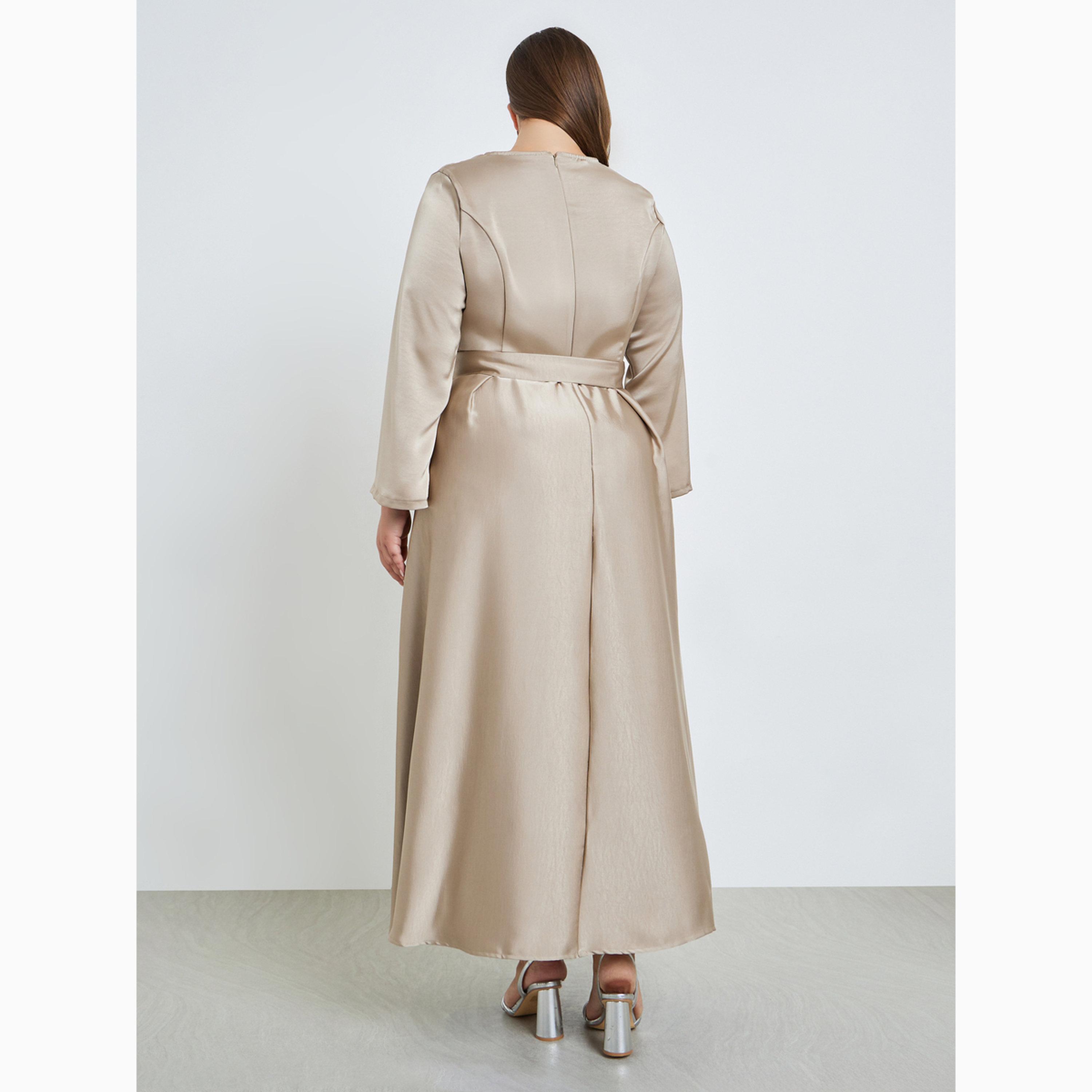 Styli Plus Size Satin A-Line Maxi Dress with Belt-women-clothing-dresses-image-5