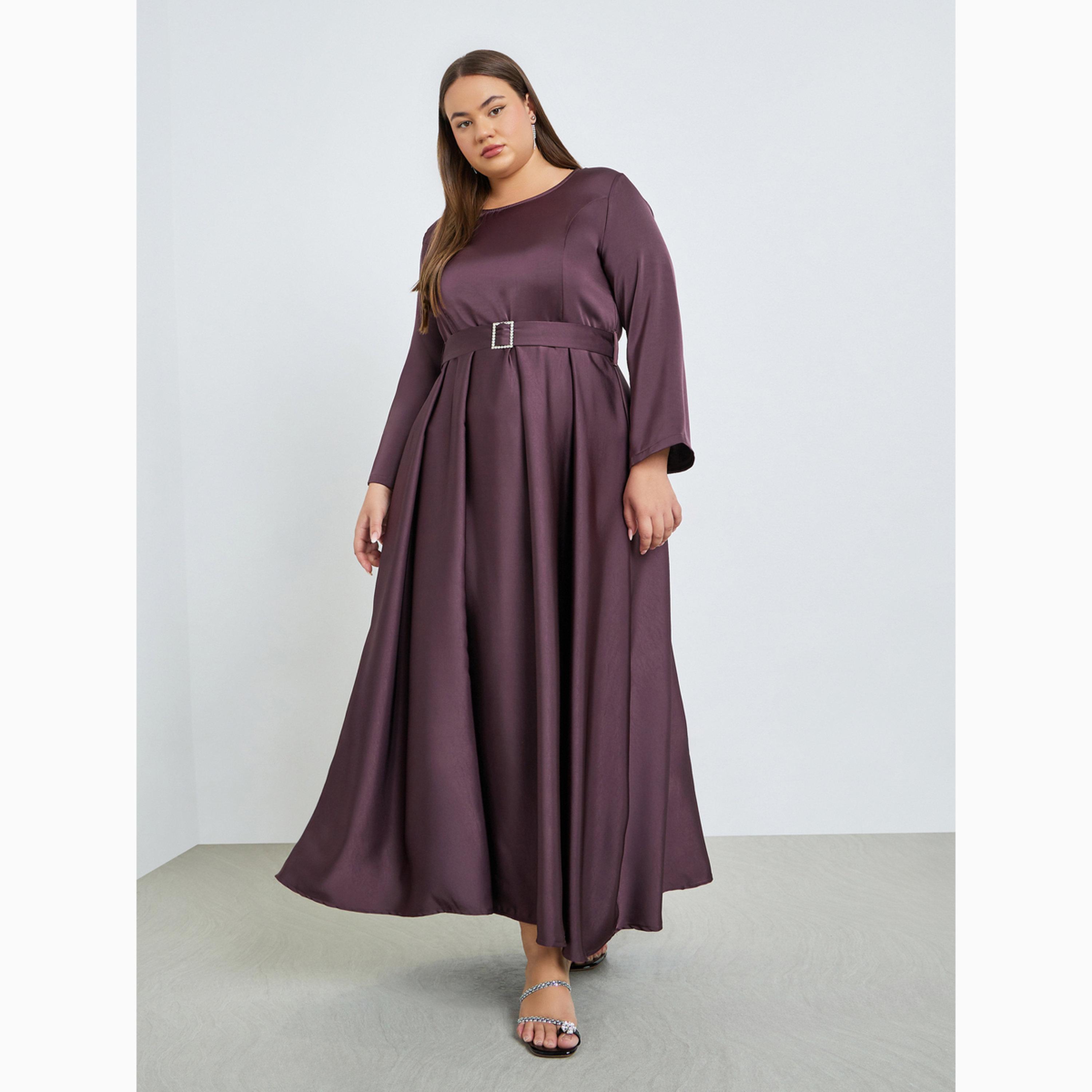 فستان طويل ساتان مقاس كبير وبحافة واسعة مع حزام-women-clothing-dresses-image-1
