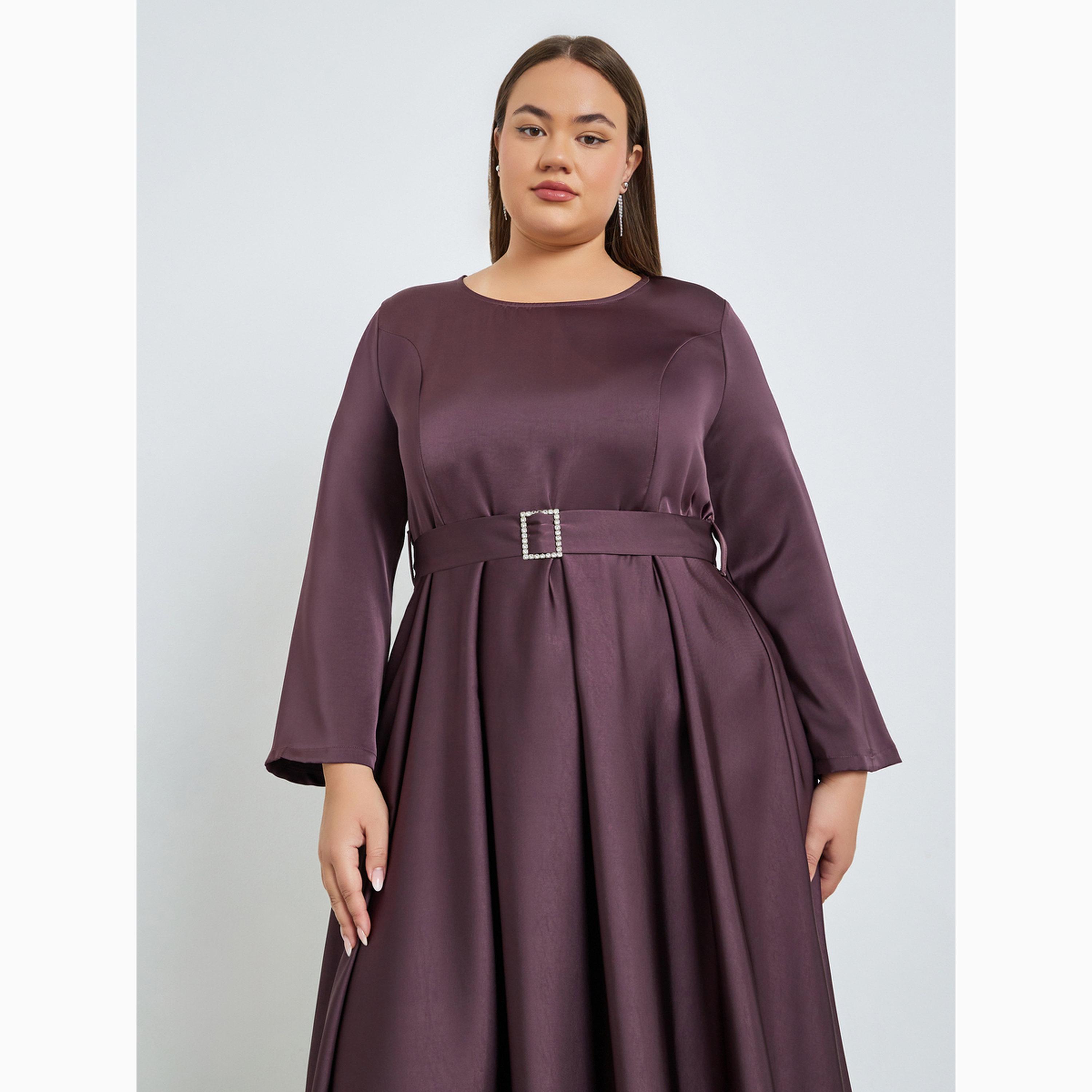 Styli Plus Size Satin A-Line Maxi Dress with Belt-women-clothing-dresses-image-2