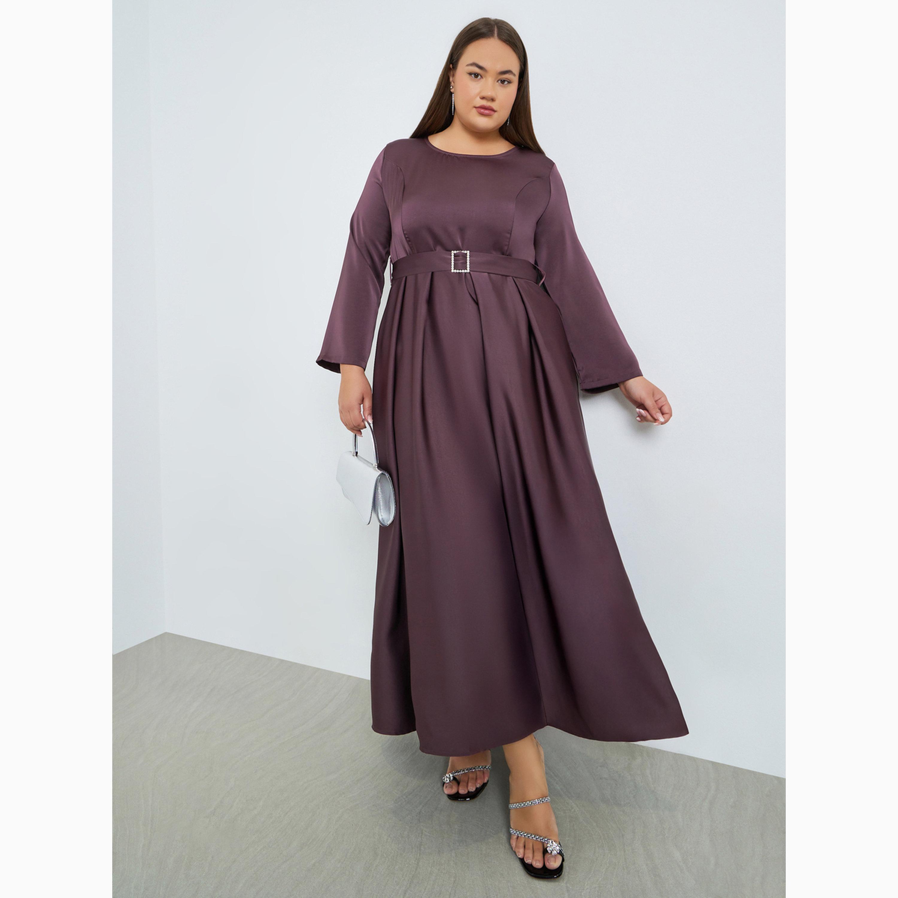 فستان طويل ساتان مقاس كبير وبحافة واسعة مع حزام-women-clothing-dresses-image-3