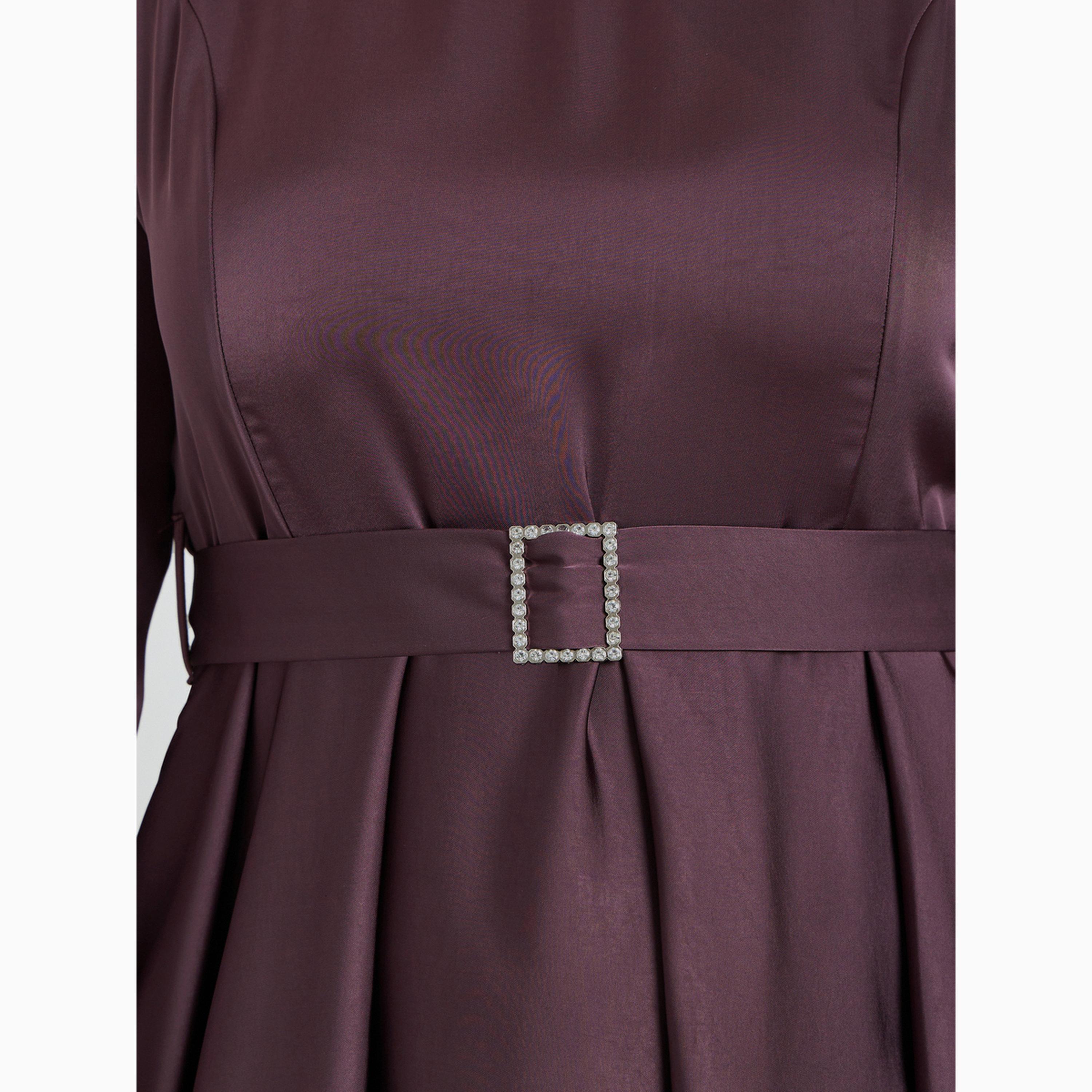 فستان طويل ساتان مقاس كبير وبحافة واسعة مع حزام-women-clothing-dresses-image-4