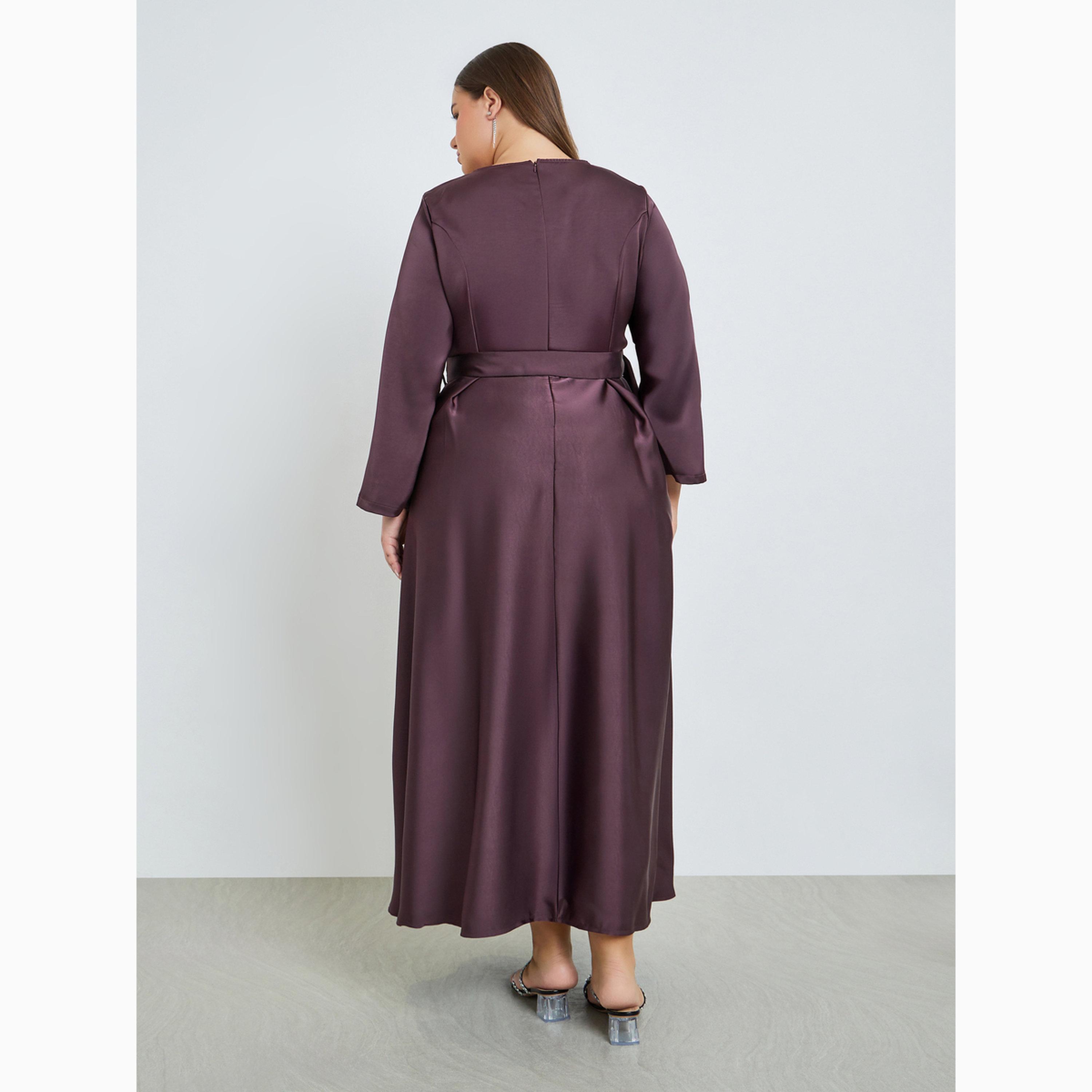 فستان طويل ساتان مقاس كبير وبحافة واسعة مع حزام-women-clothing-dresses-image-5