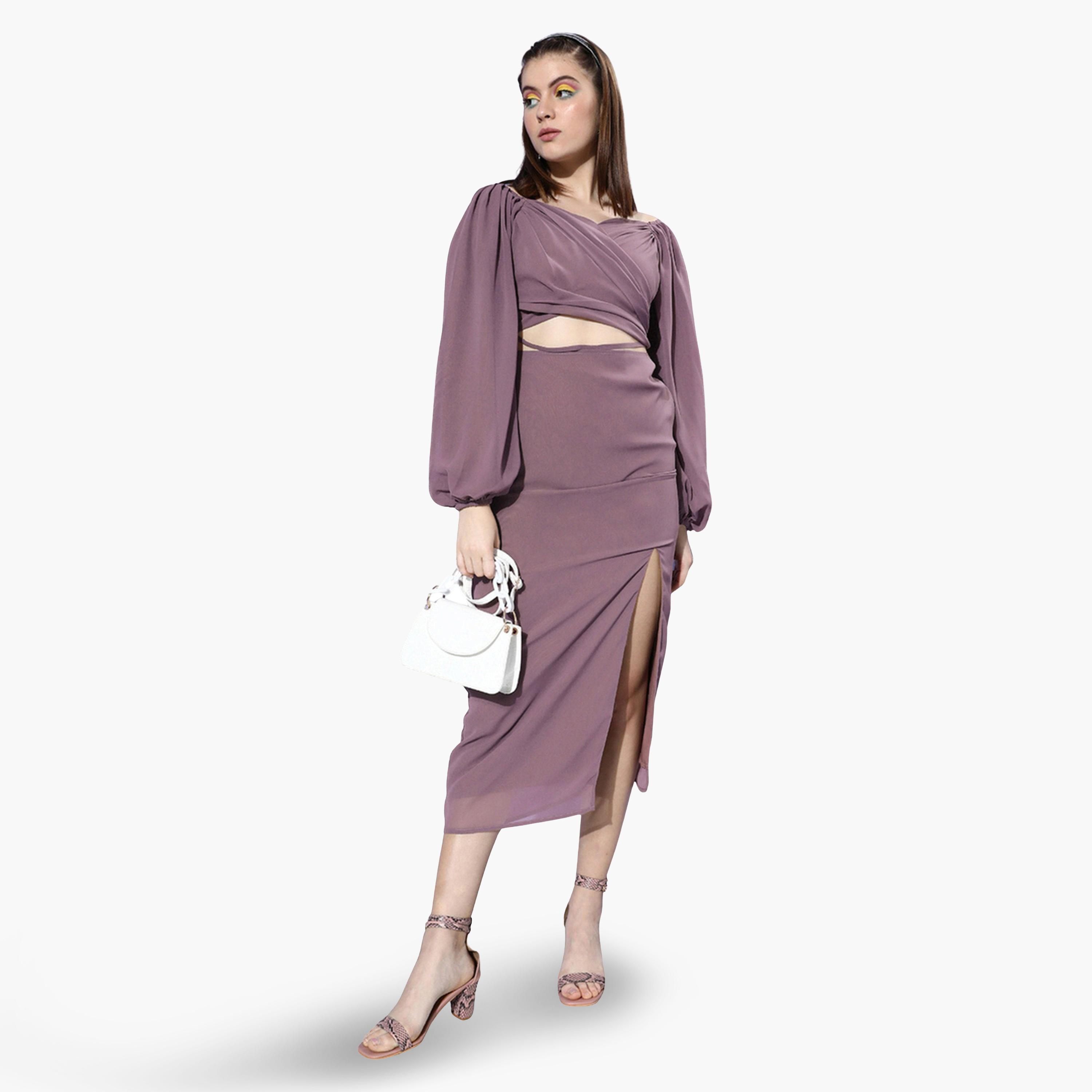 Mish Women Lilac Balloon Sleeve Wrap Midi Dress with Cut-Out Detail-women-clothing-dresses-image-1