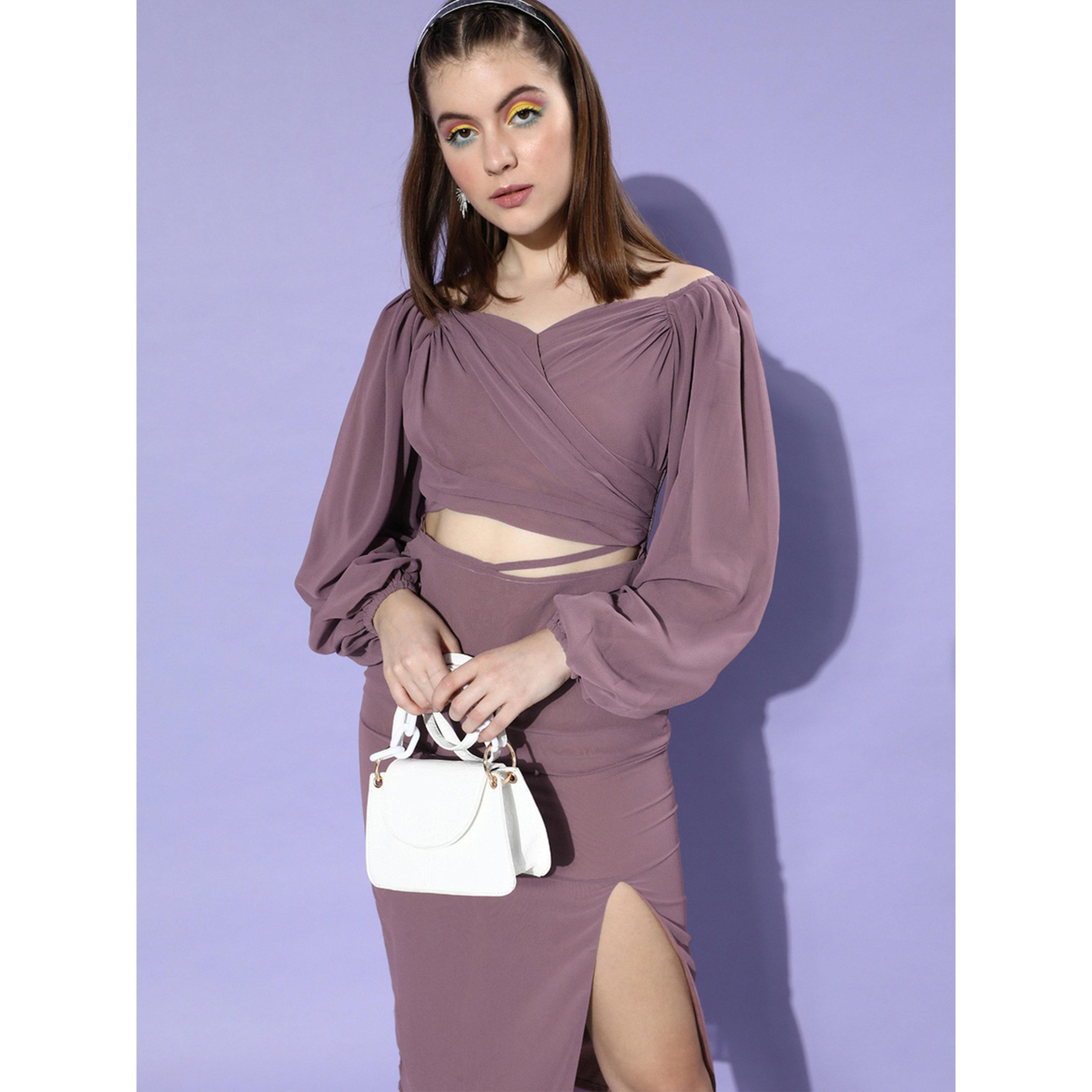Mish Women Lilac Balloon Sleeve Wrap Midi Dress with Cut-Out Detail-women-clothing-dresses-image-2