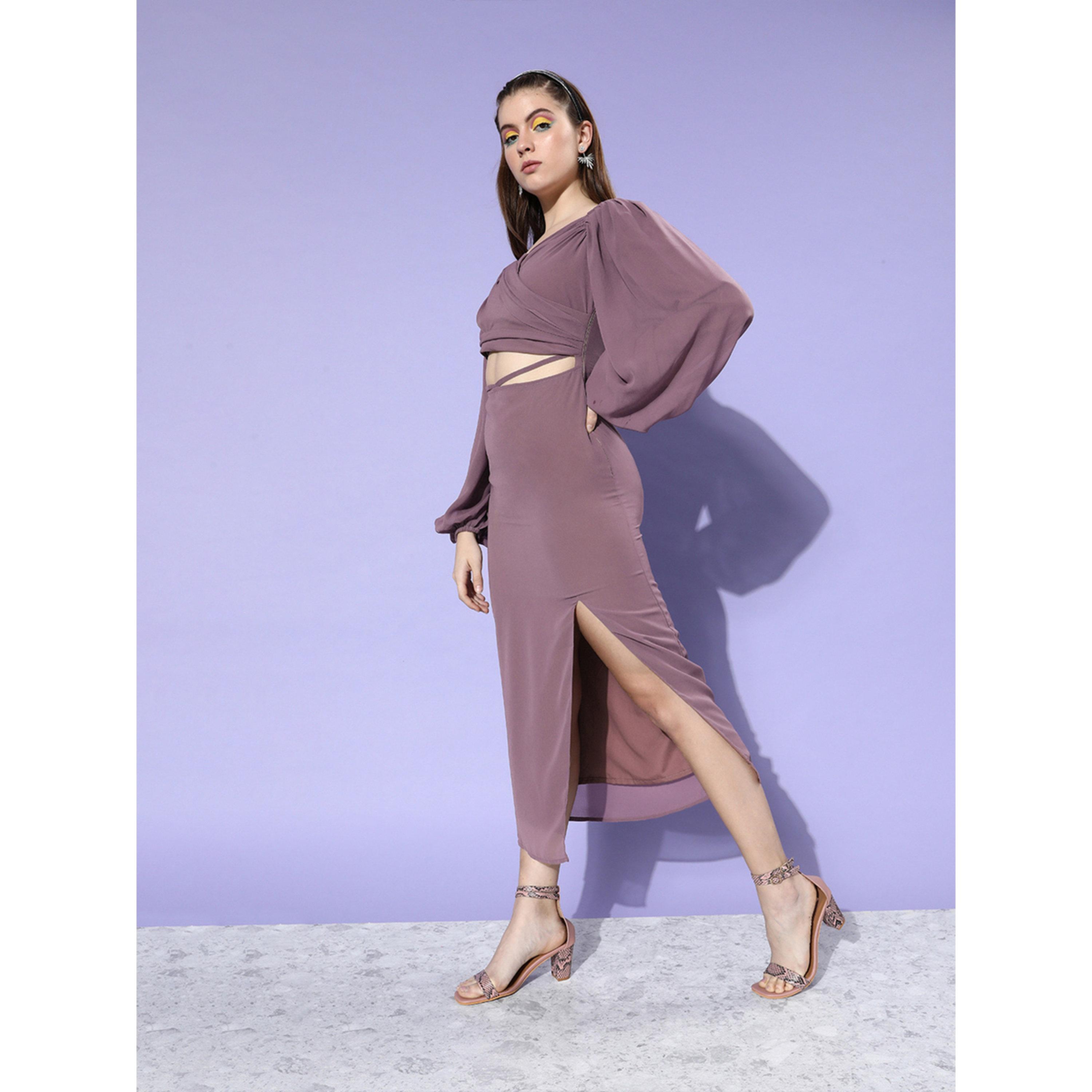 Mish Women Lilac Balloon Sleeve Wrap Midi Dress with Cut-Out Detail-women-clothing-dresses-image-3