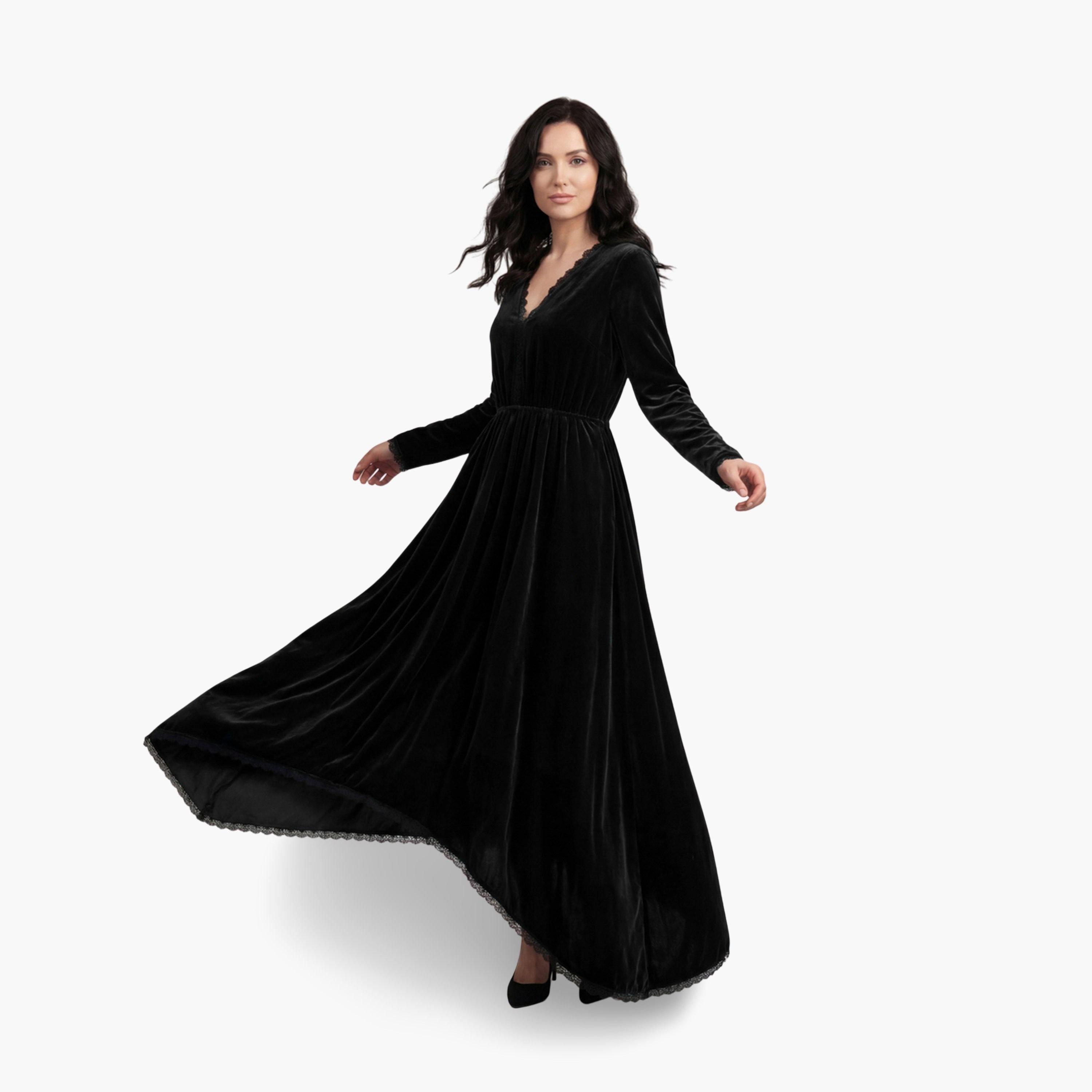 V فستان طويل مخمل بياقة-women-clothing-dresses-image-4