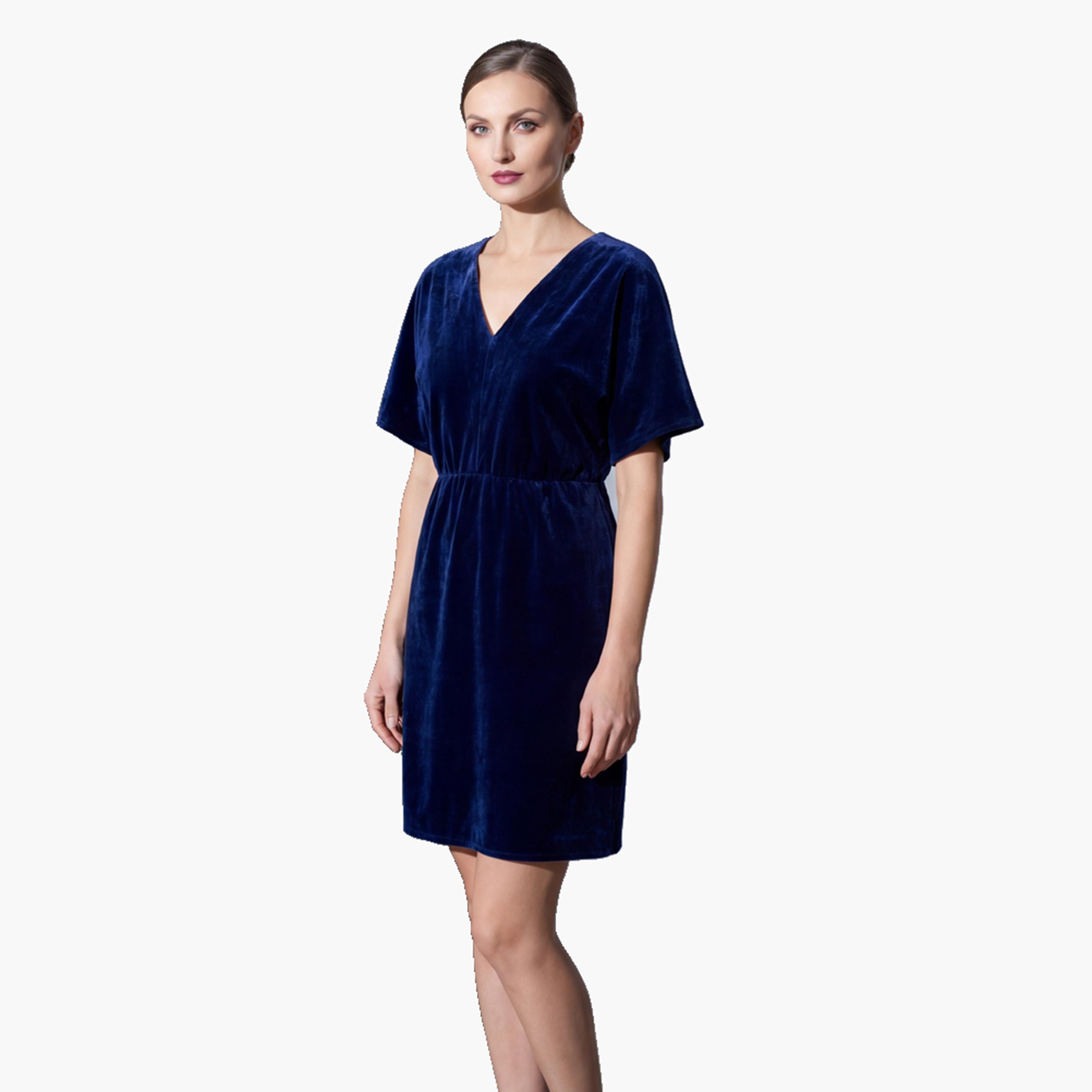 V فستان قصير نسائي مخمل بفتحة رقبة-women-clothing-dresses-image-1