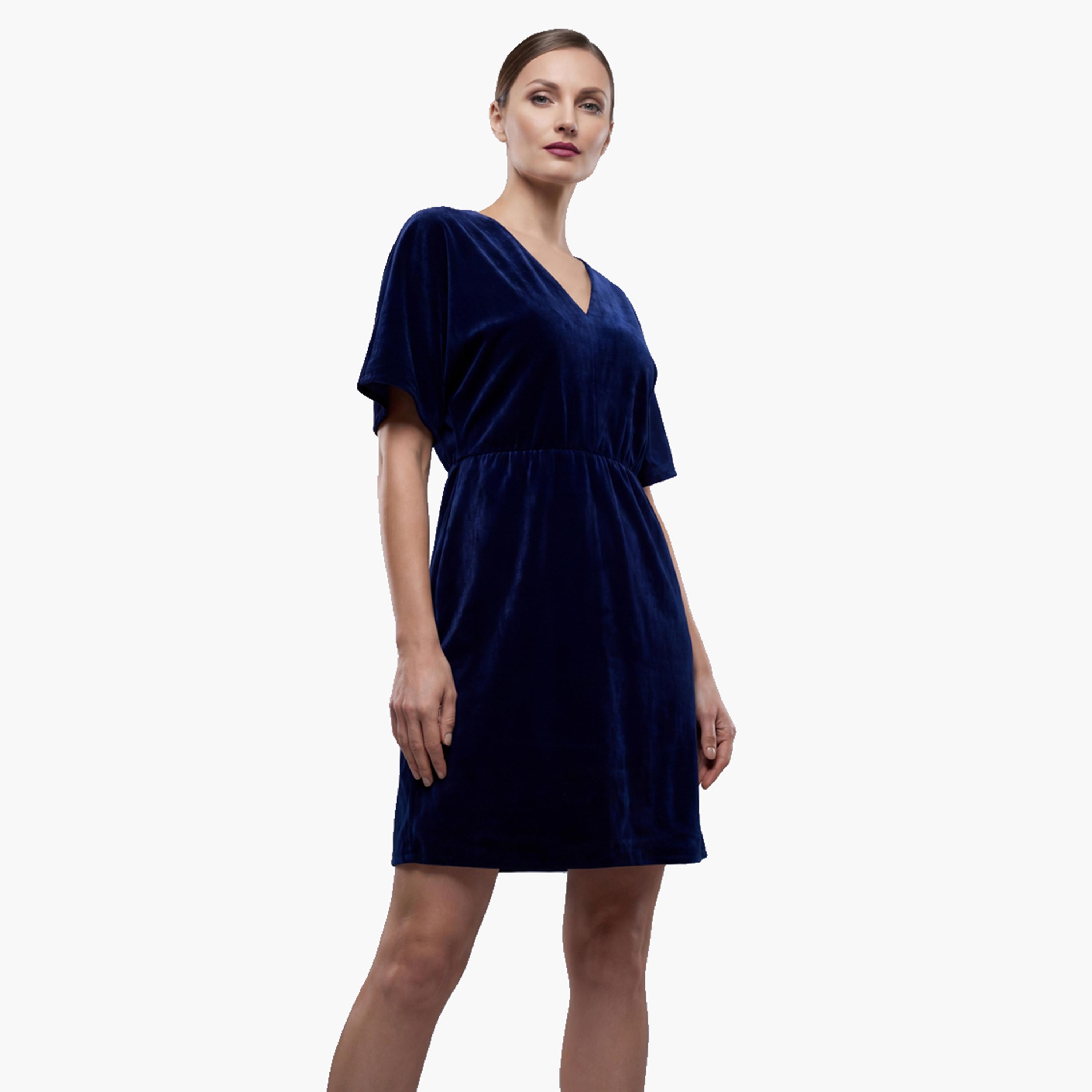 V فستان قصير نسائي مخمل بفتحة رقبة-women-clothing-dresses-image-4