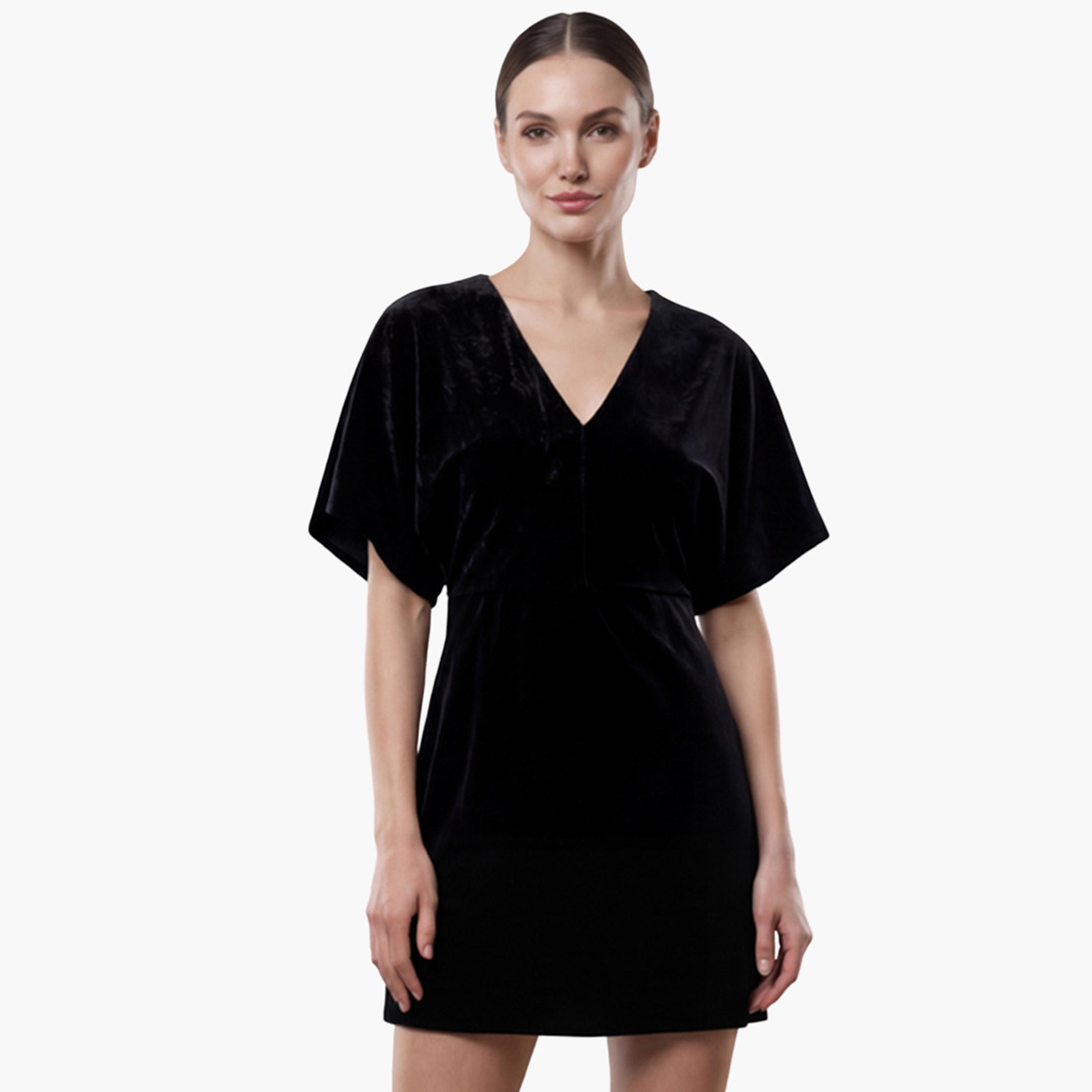 V فستان قصير نسائي مخمل بفتحة رقبة-women-clothing-dresses-image-1