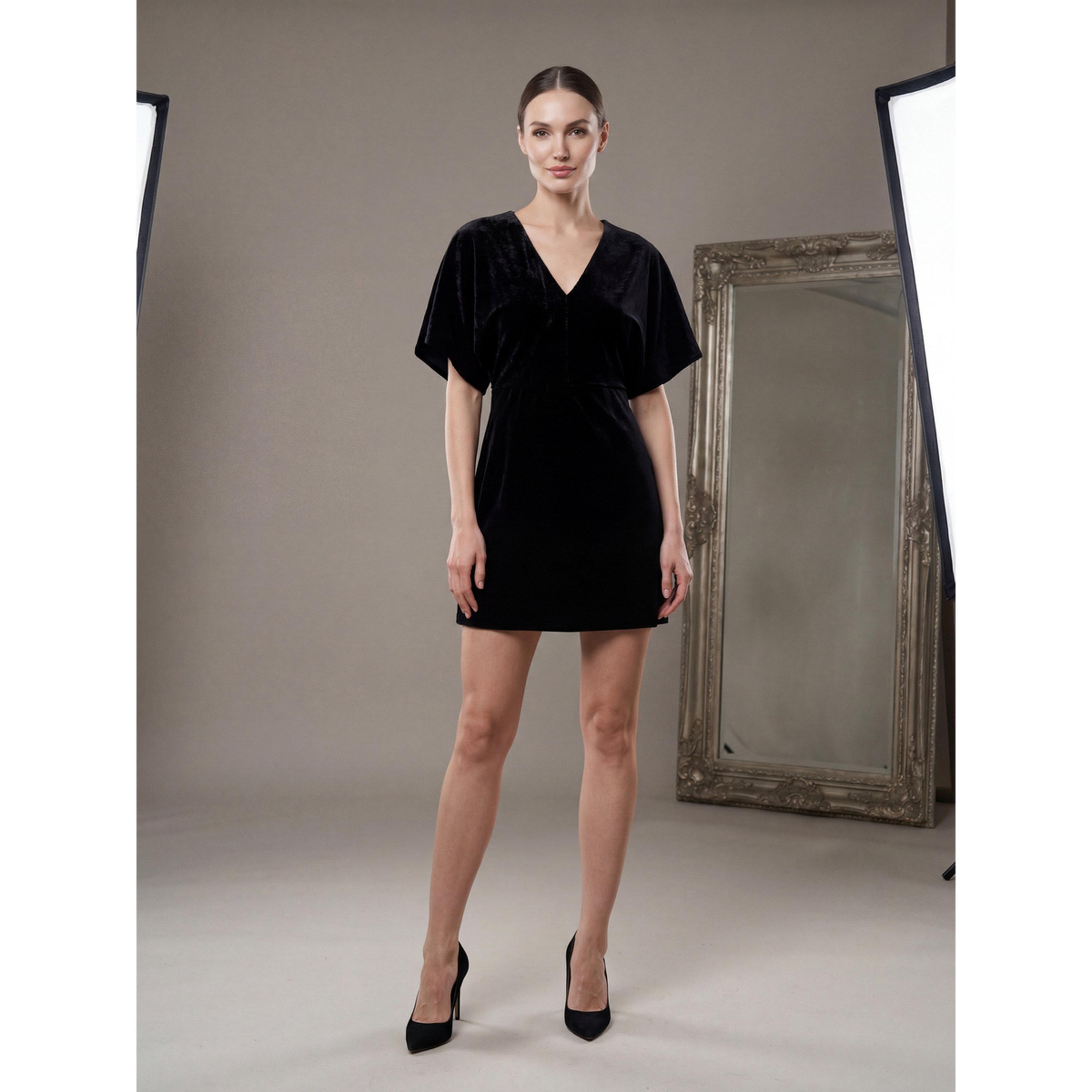 V فستان قصير نسائي مخمل بفتحة رقبة-women-clothing-dresses-image-3