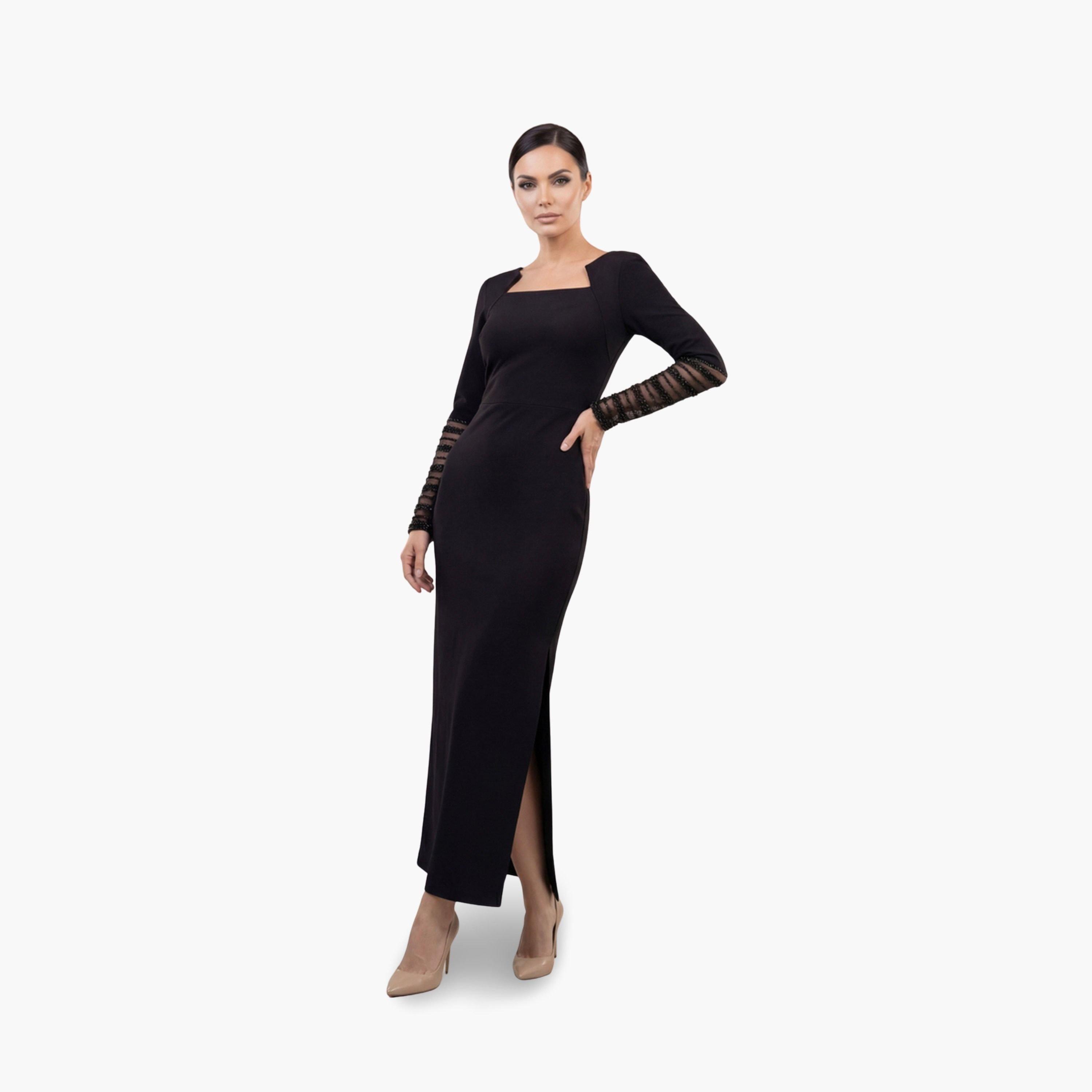 فستان طويل ضيق بأكمام مزينة بالخرز-women-clothing-dresses-image-2