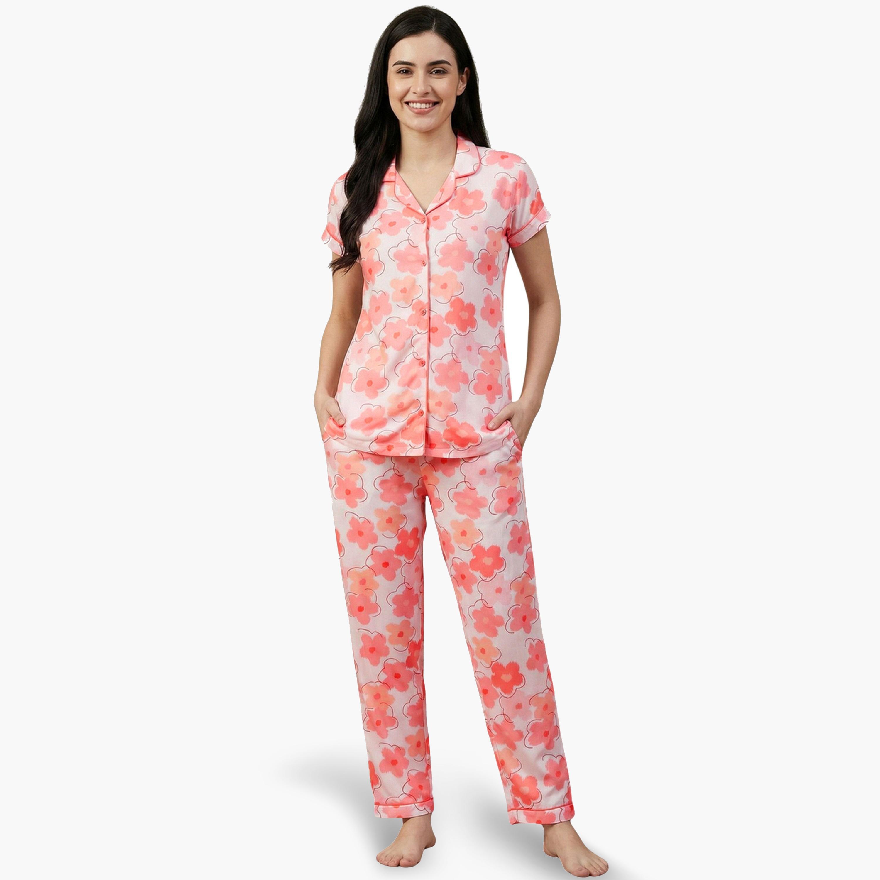 Mish Women Pink Floral Print Cotton Shirt and Pyjama Set-women-clothing-nightwear-pyjamas-longsets-image-1